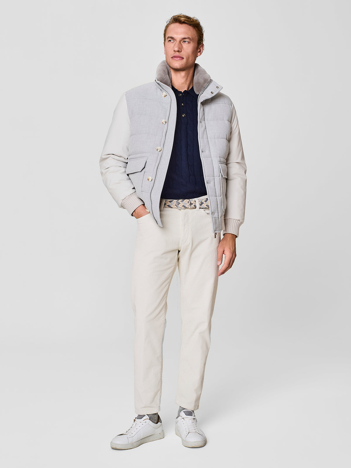 Piumino in flanella e nylon grigio chiaro