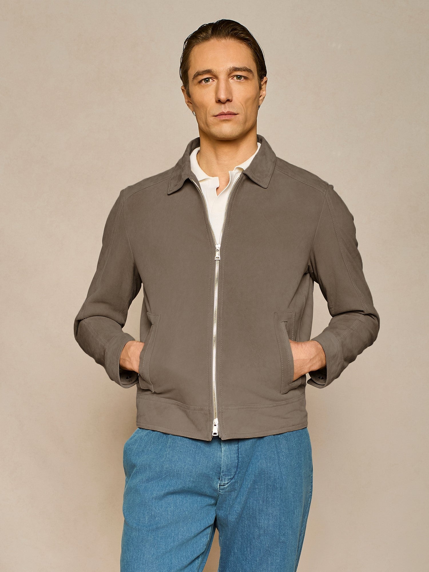 GIUBBINO IN VERO CAMOSCIO CON COLLO CAMICIA MORO