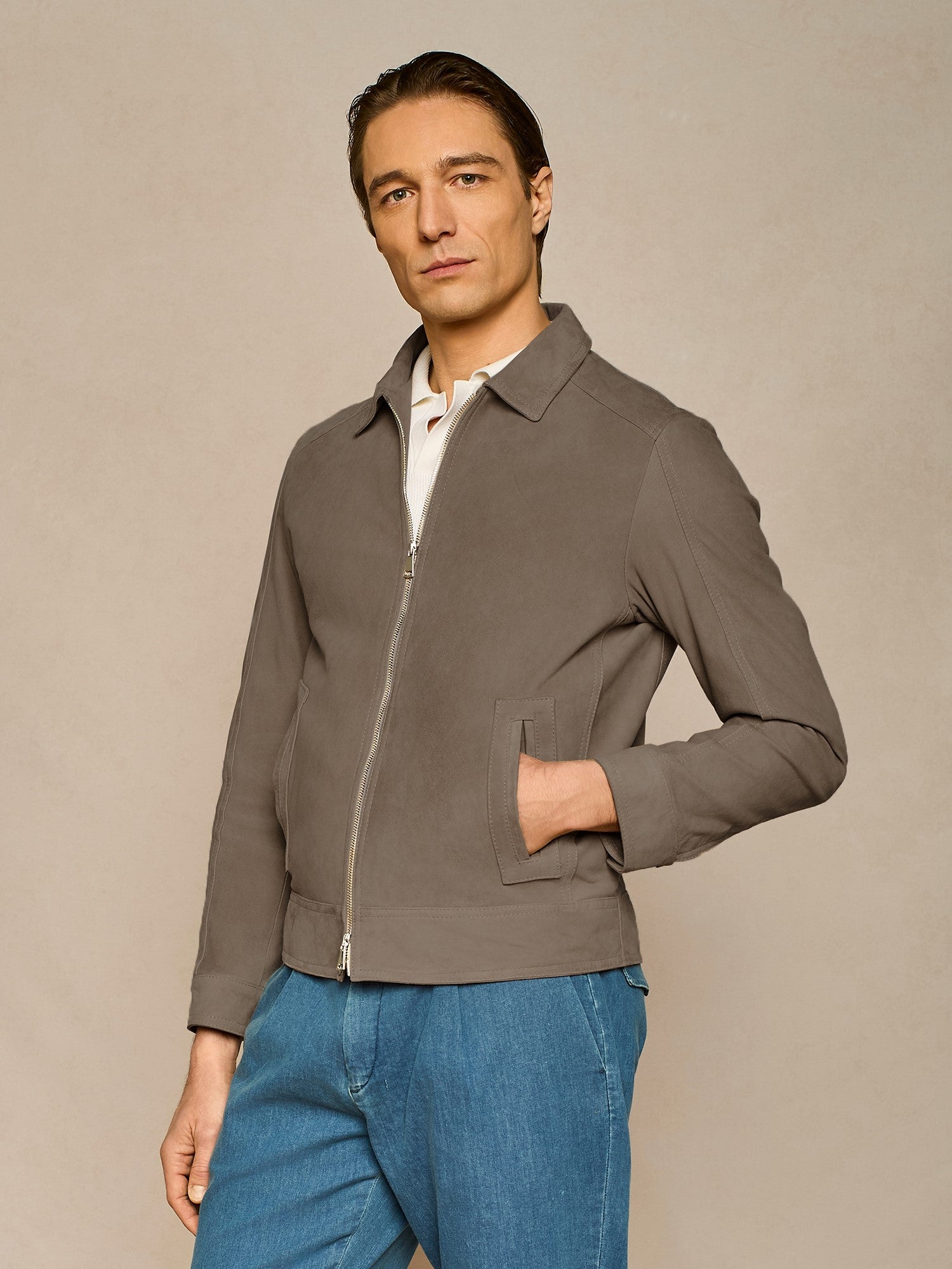 GIUBBINO IN VERO CAMOSCIO CON COLLO CAMICIA MORO