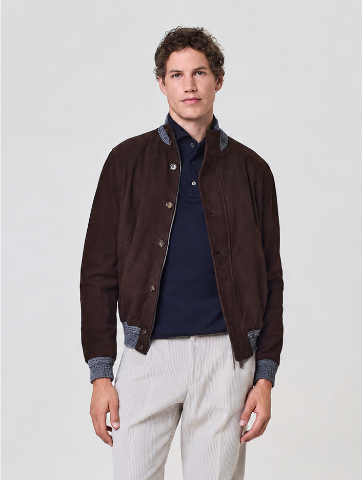 Dark brown genuine suede bomber jacket