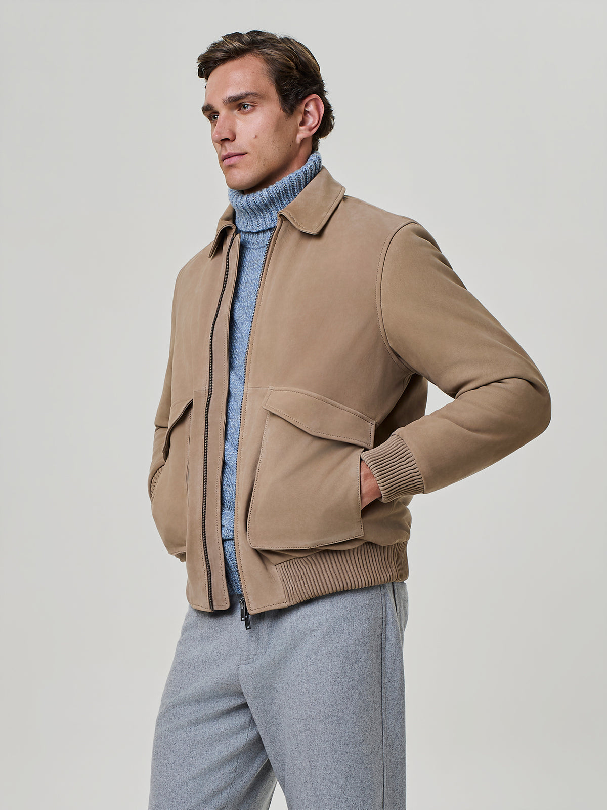 Taupe genuine suede leather jacket