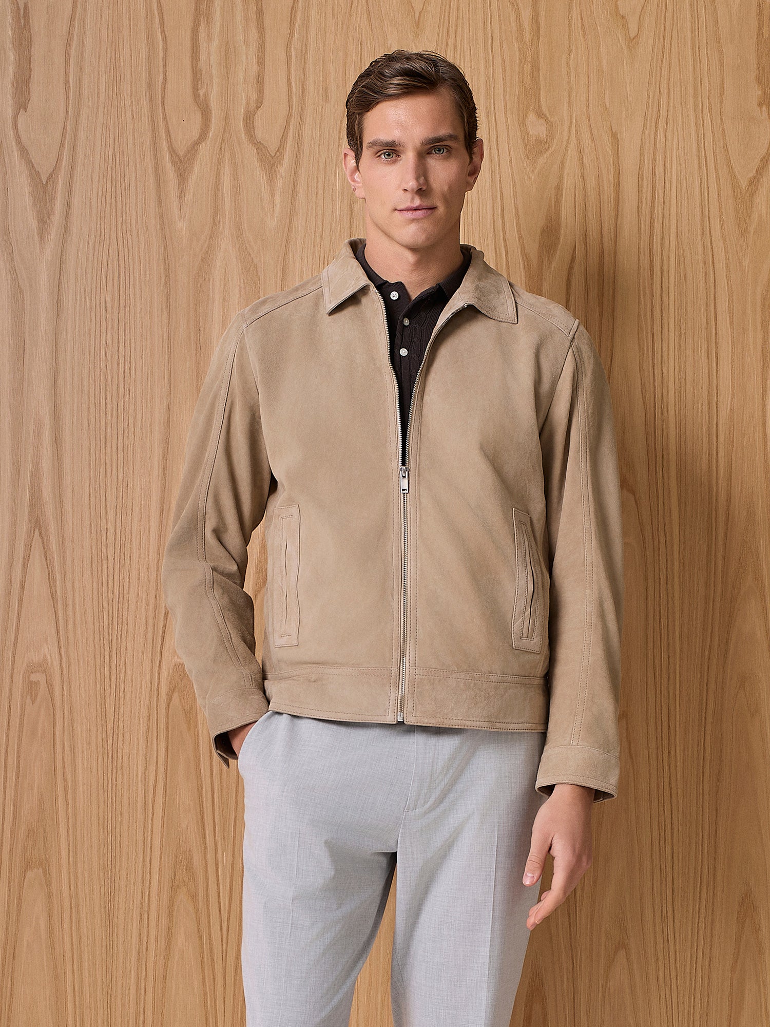 Giubbino in vero camoscio taupe