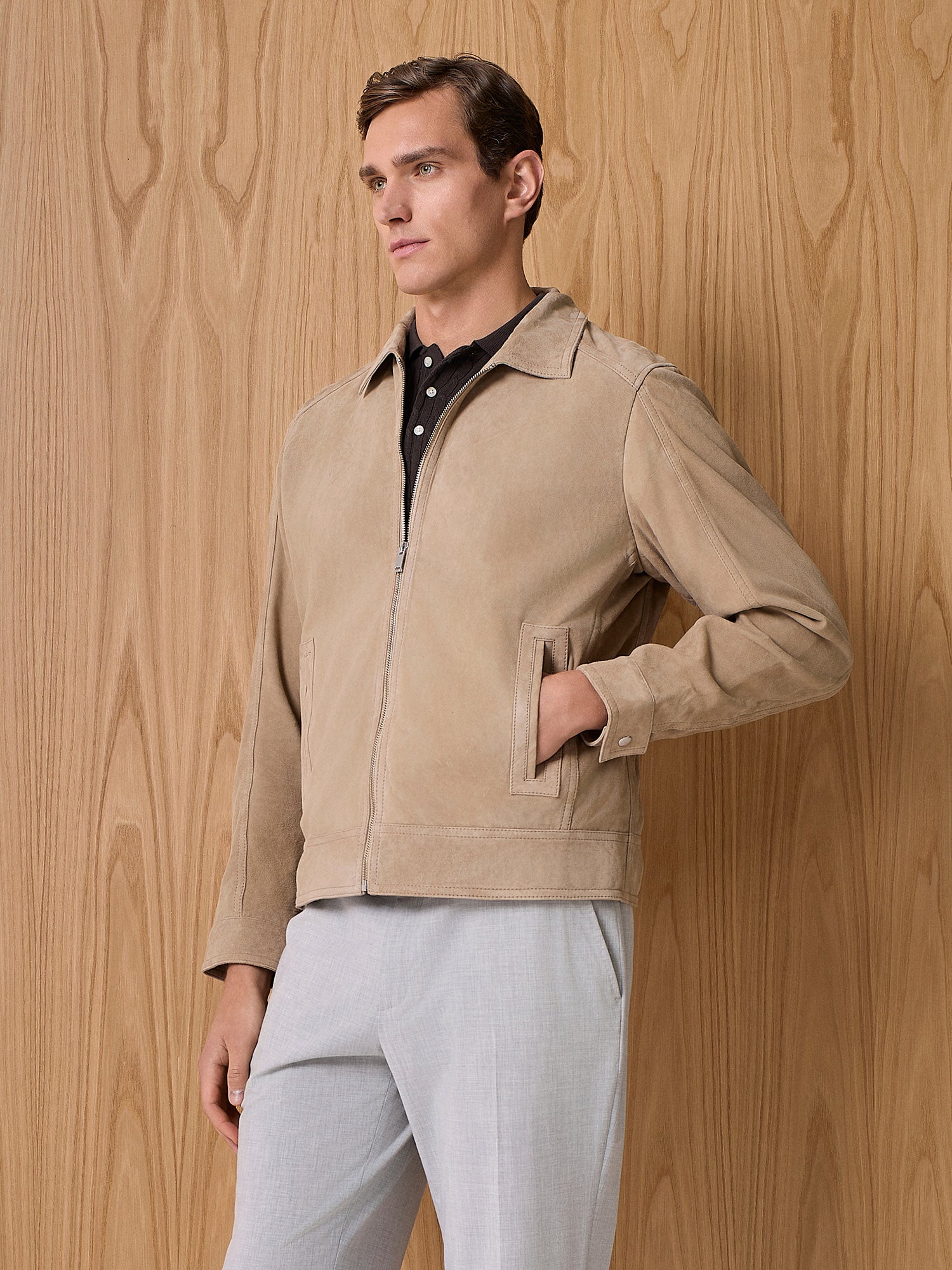 Giubbino in vero camoscio taupe