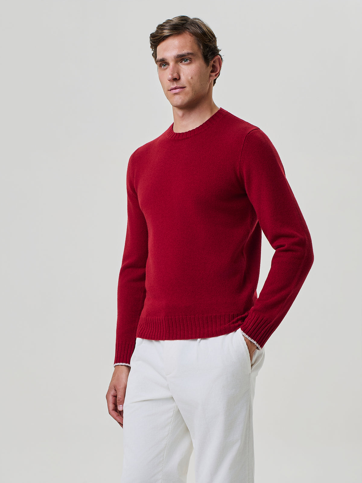 Maglione uomo rosso in lana con collo a coste 3x3, Paul Taylor