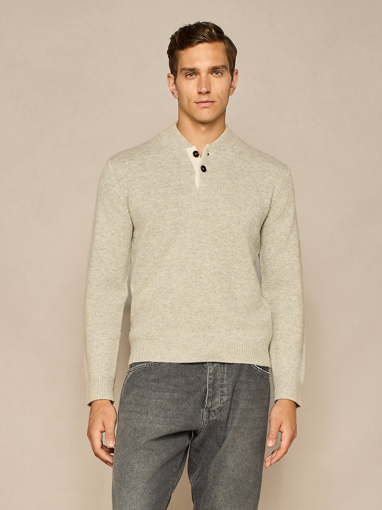 MAGLIA CON COLLO BOMBER IN PURA LANA GRIGIO CHIARO MELANGE