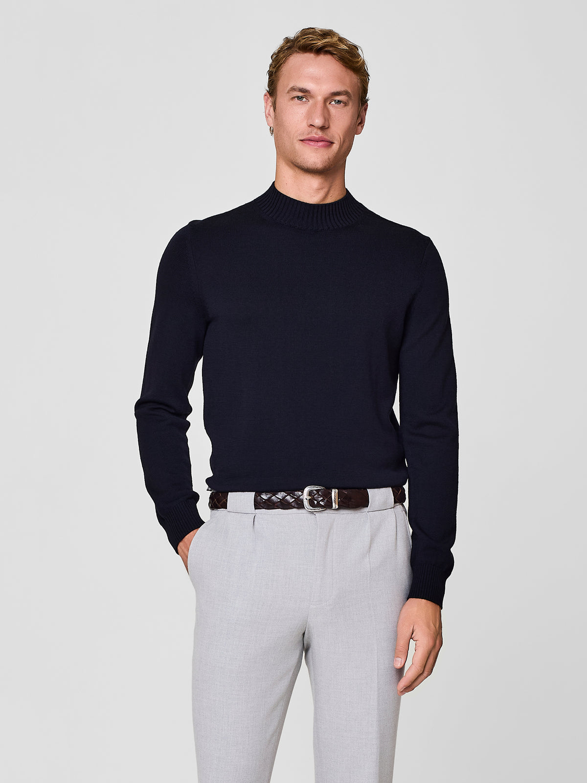 Maglia collo vulcano lana merino blu