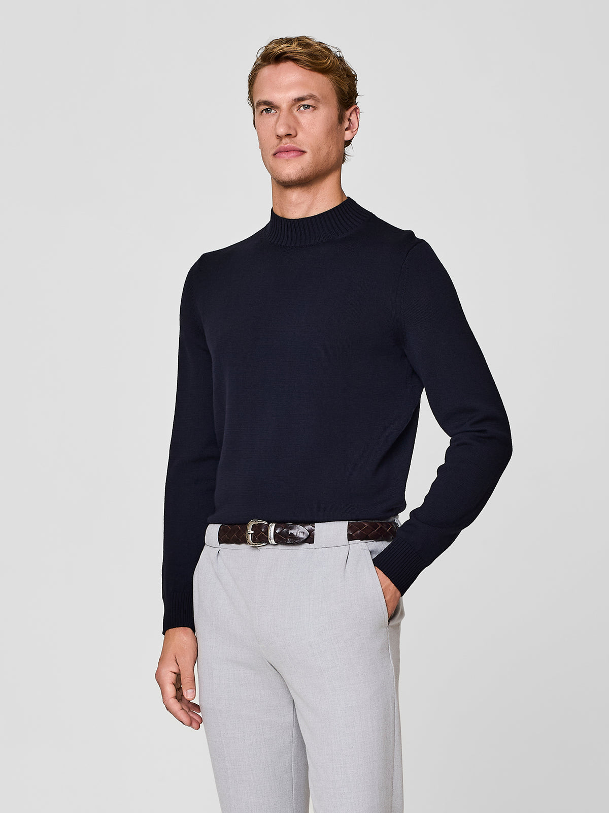 Maglia collo vulcano lana merino blu