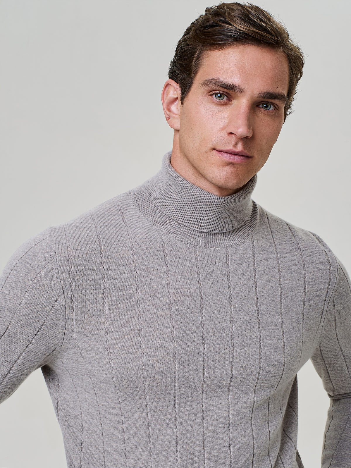 Taupe Cashmere and Wool Flat Rib Turtleneck Sweater