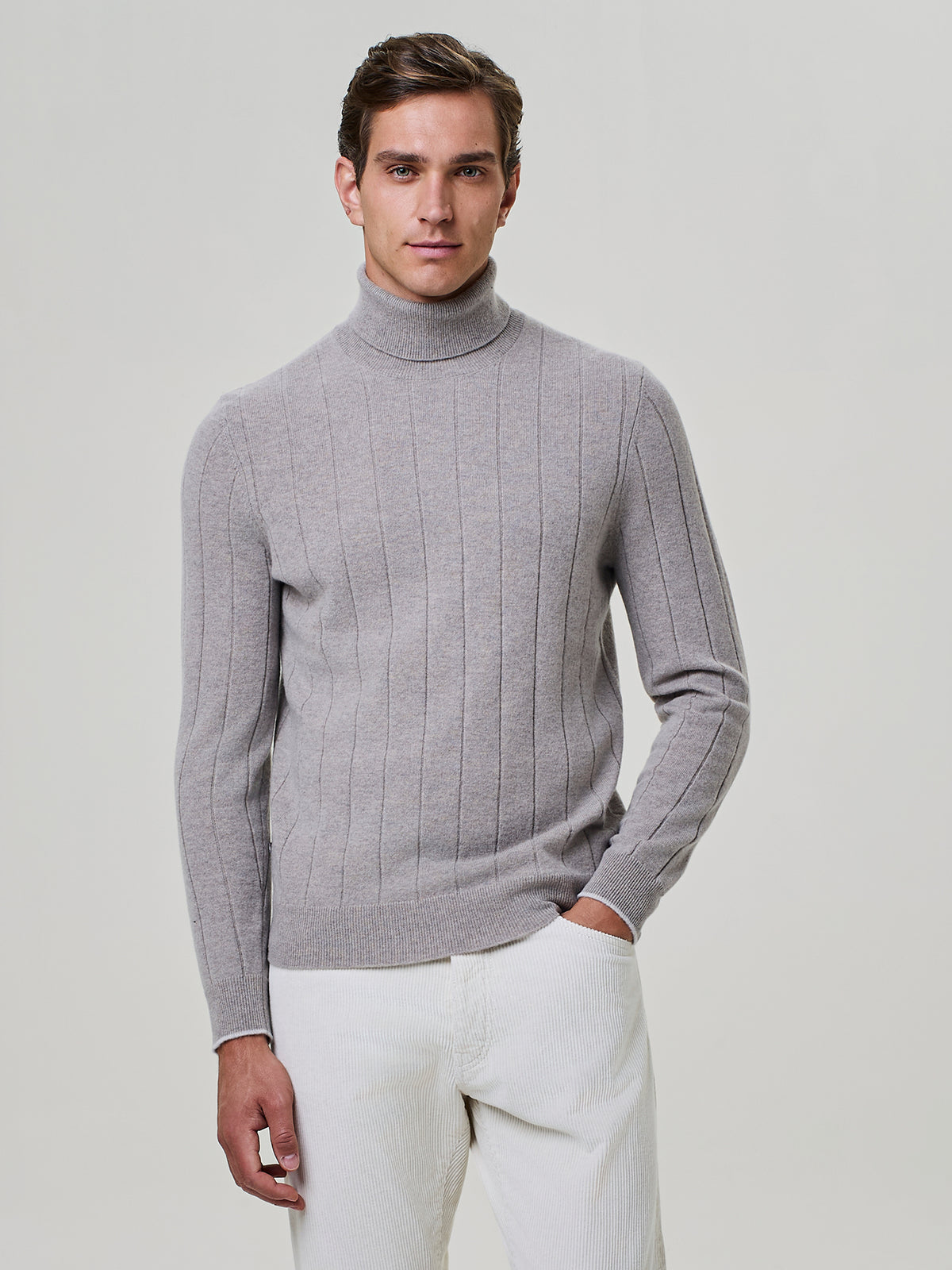 Taupe Cashmere and Wool Flat Rib Turtleneck Sweater