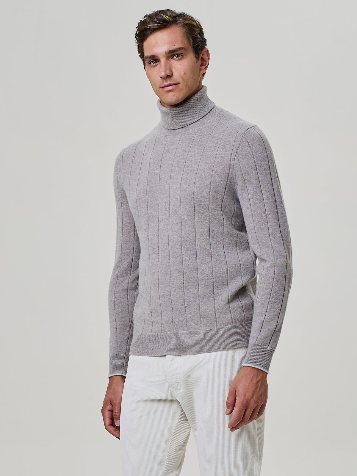 Taupe Cashmere and Wool Flat Rib Turtleneck Sweater