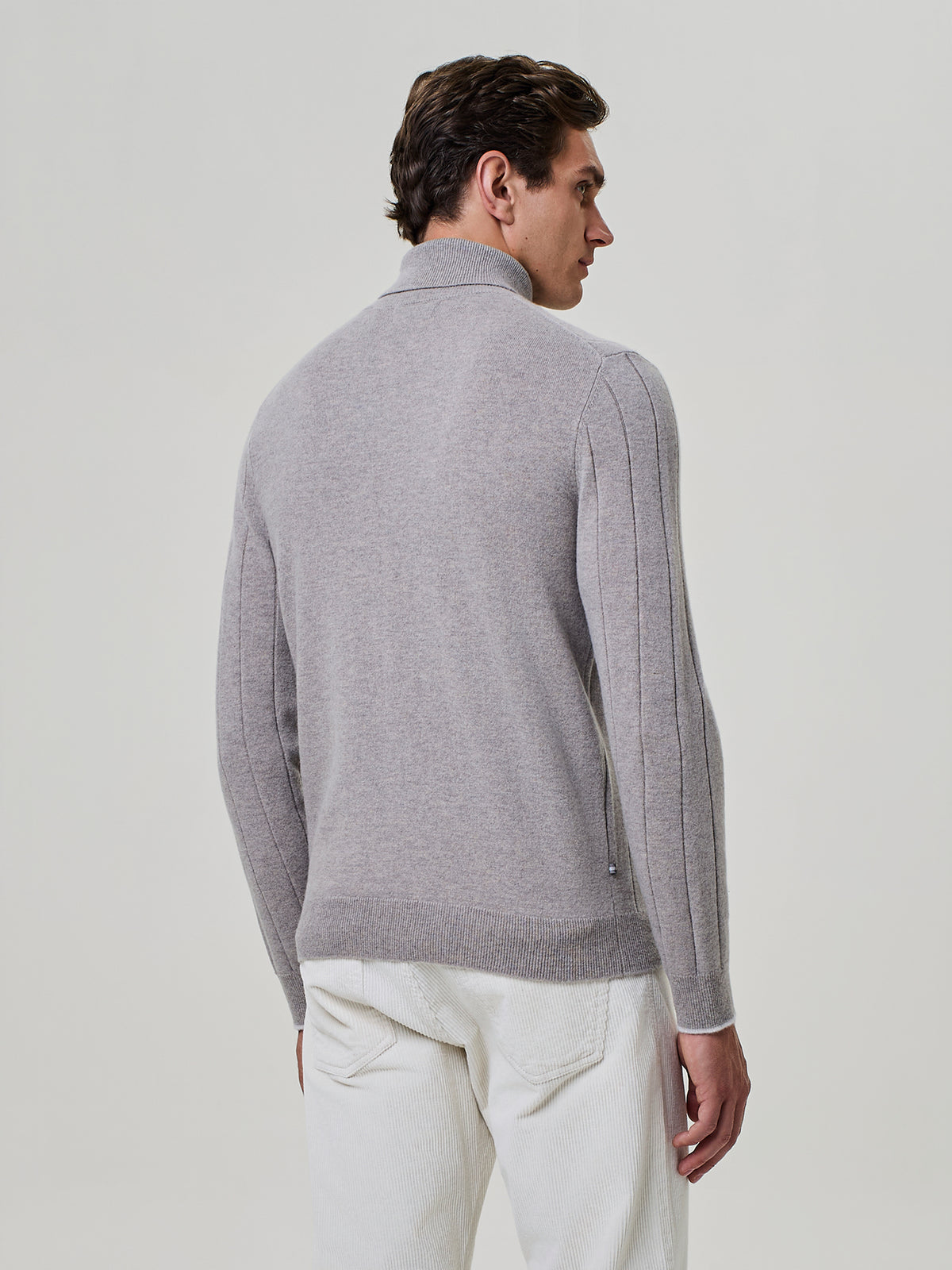 Taupe Cashmere and Wool Flat Rib Turtleneck Sweater