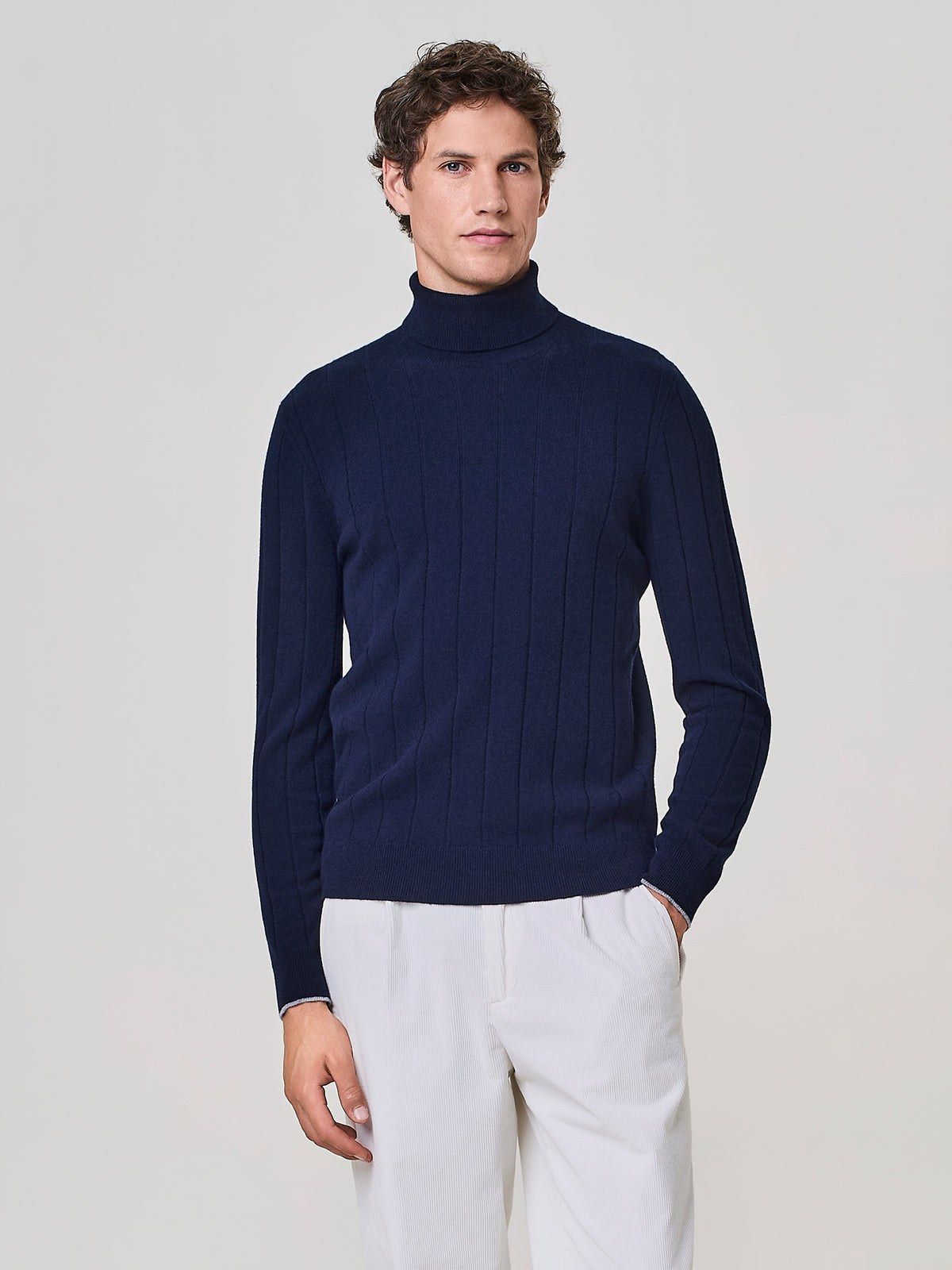 Blue Cashmere and Wool Flat-Rib Turtleneck Sweater
