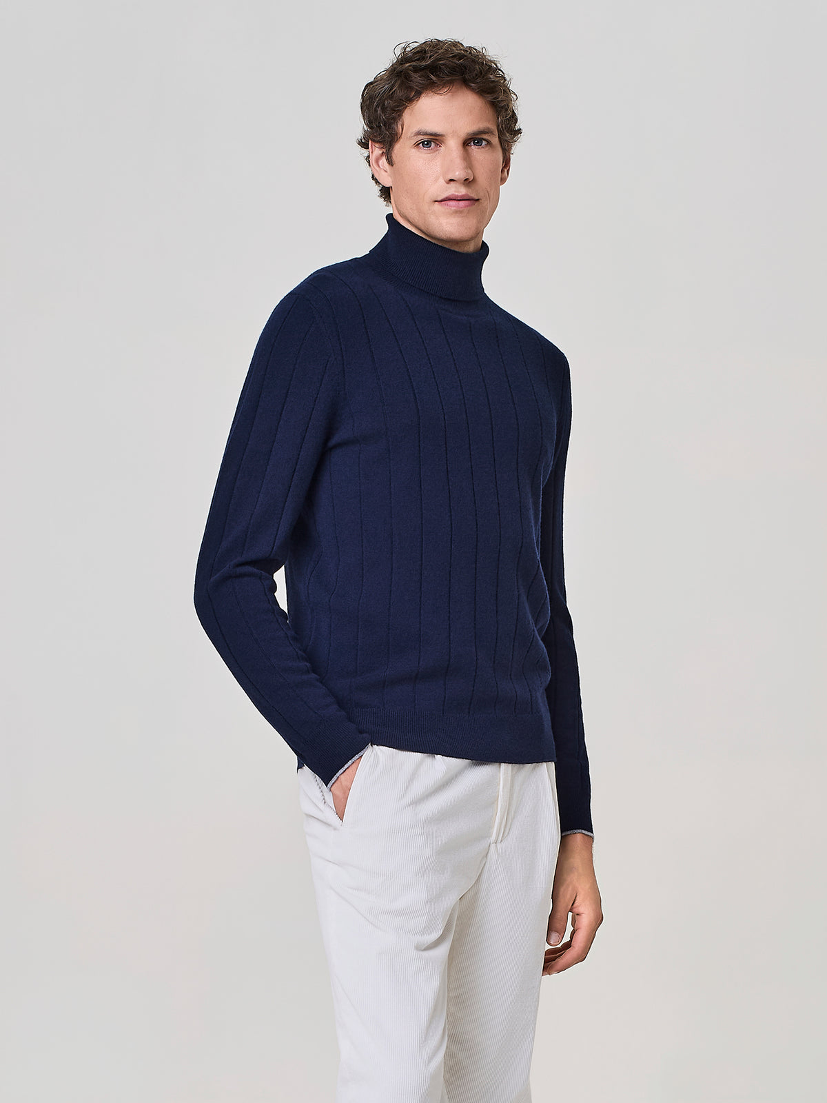 Blue Cashmere and Wool Flat-Rib Turtleneck Sweater