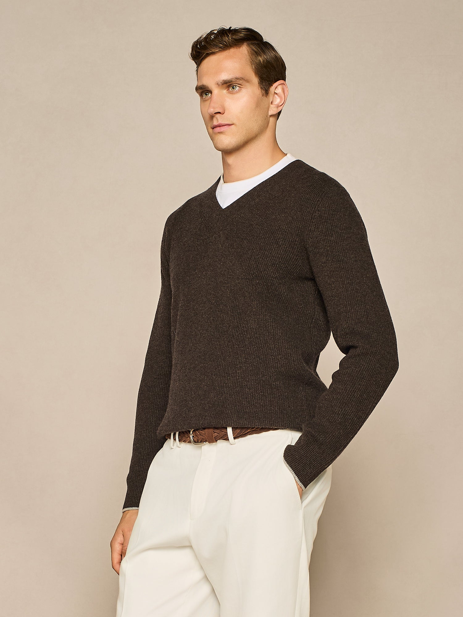 CHOCOLATE CASHMERE BLEND FULL CARDIGAN STITCHING SWEATER