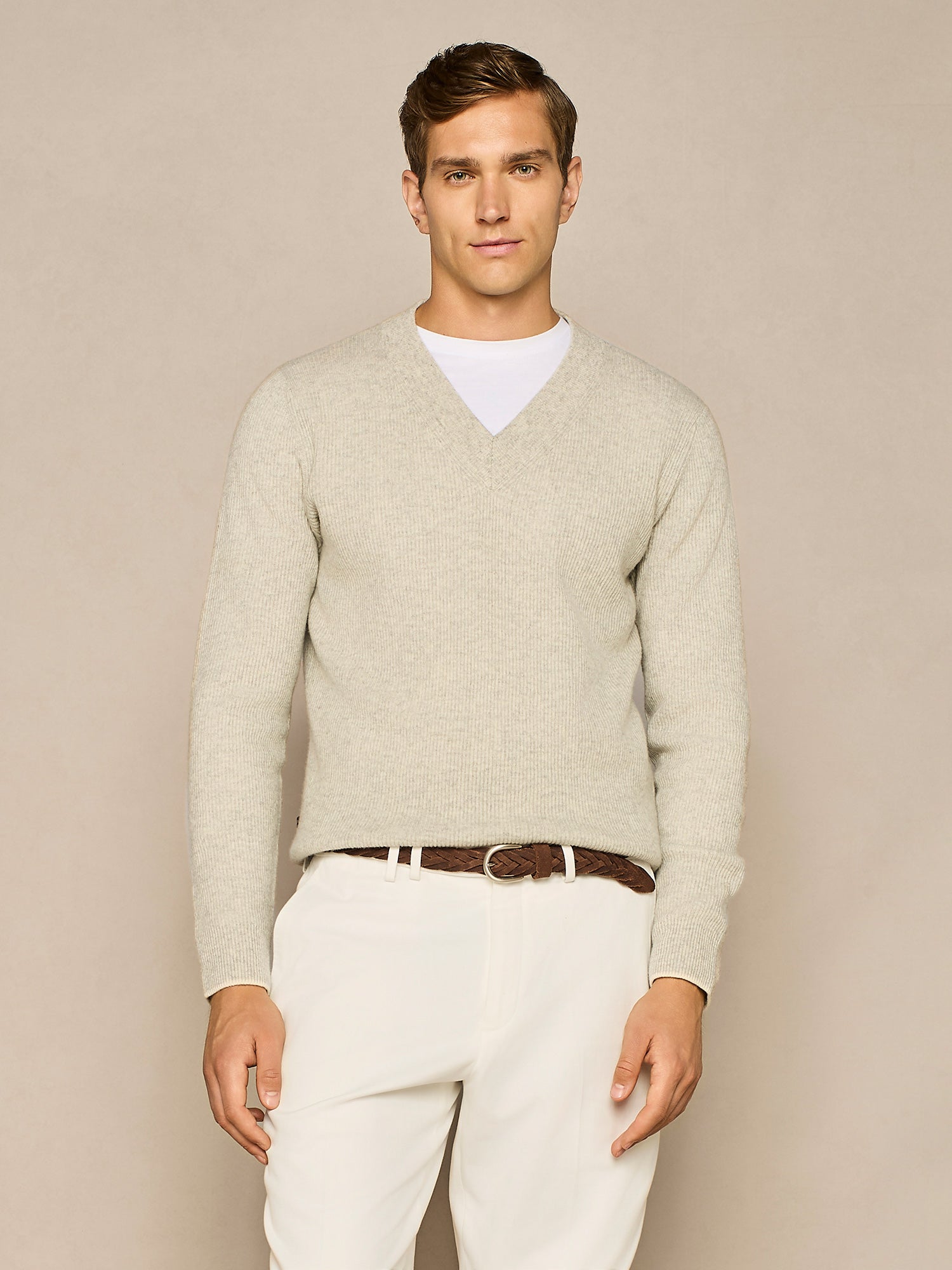 LIGHT GREY MELANGE CASHMERE BLEND FULL CARDIGAN STITCHING SWEATER