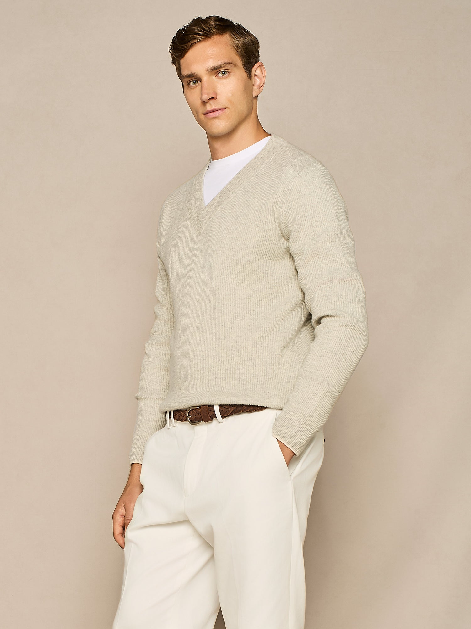 LIGHT GREY MELANGE CASHMERE BLEND FULL CARDIGAN STITCHING SWEATER