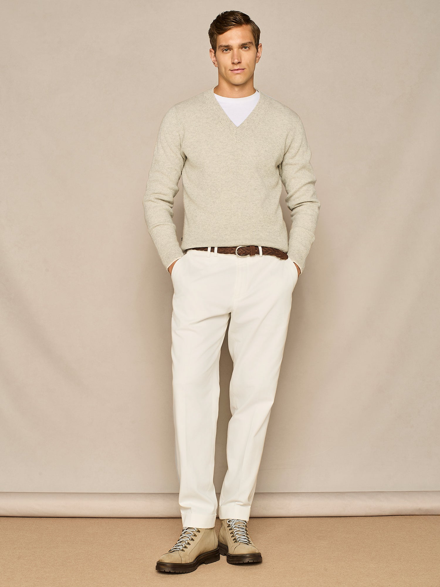 LIGHT GREY MELANGE CASHMERE BLEND FULL CARDIGAN STITCHING SWEATER