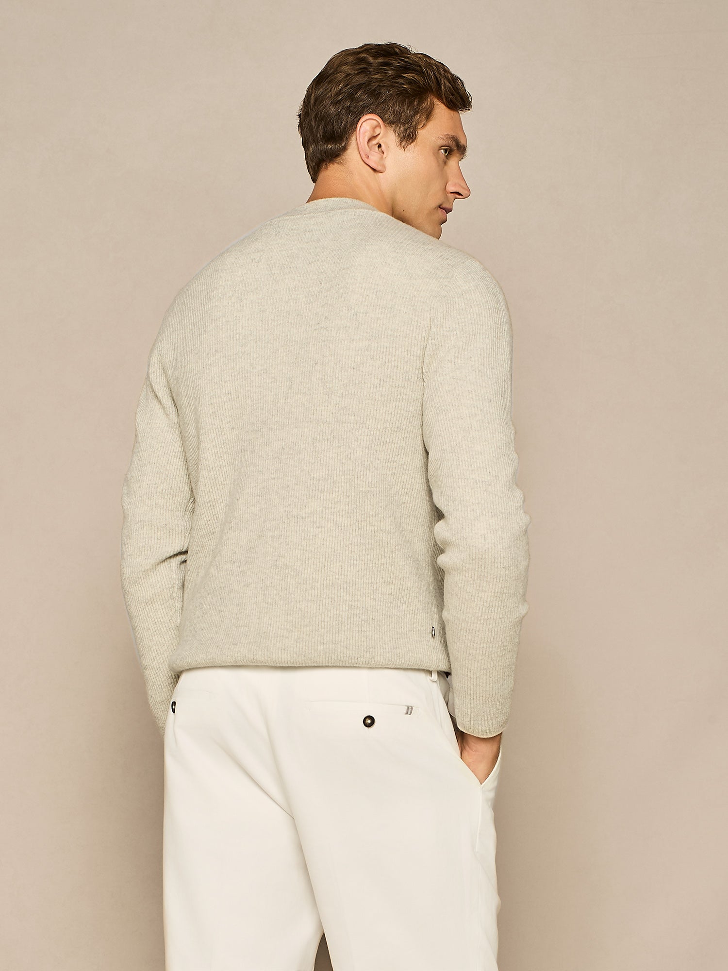 LIGHT GREY MELANGE CASHMERE BLEND FULL CARDIGAN STITCHING SWEATER