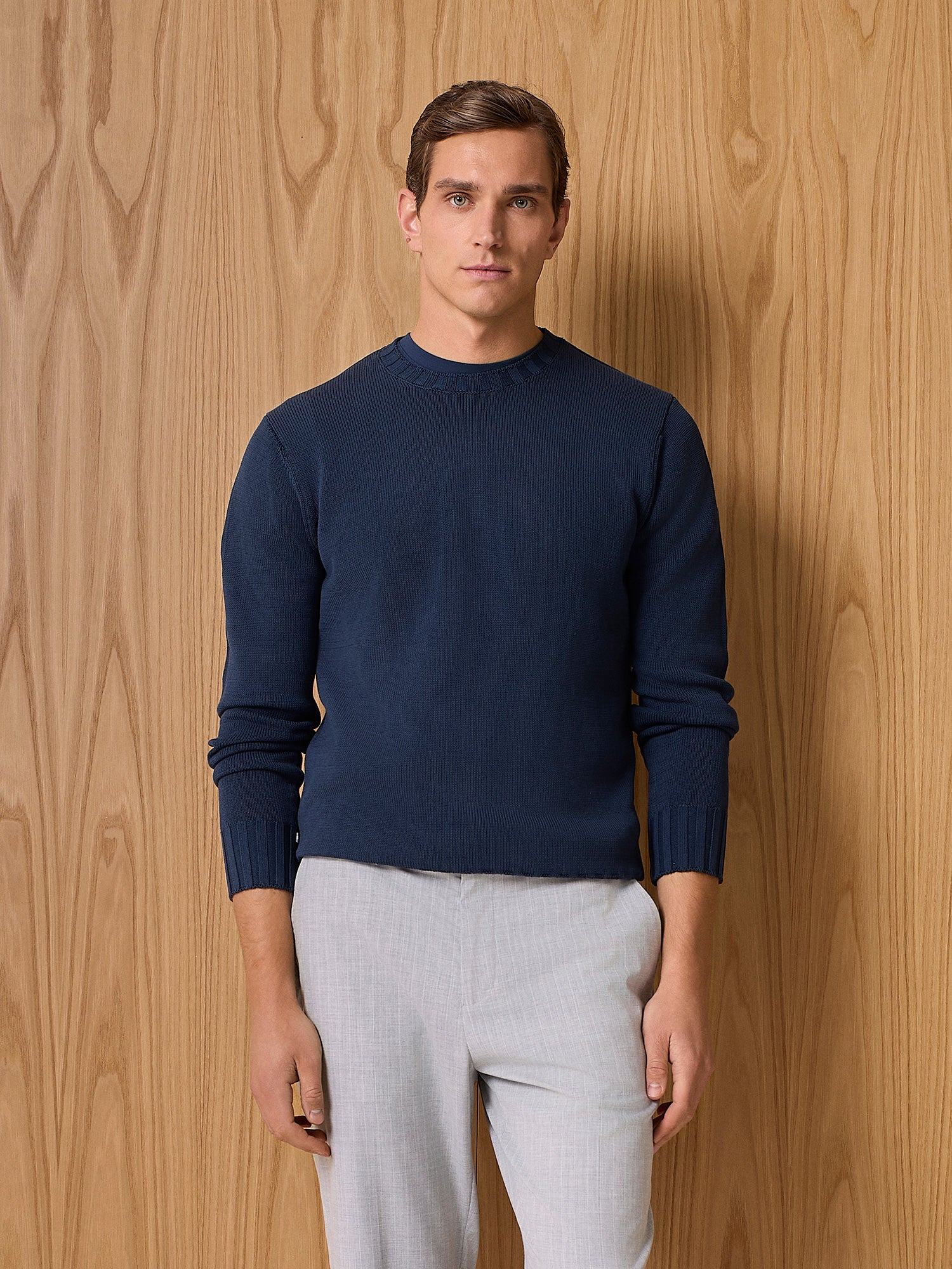 Navy washed cotton crew neck sweater