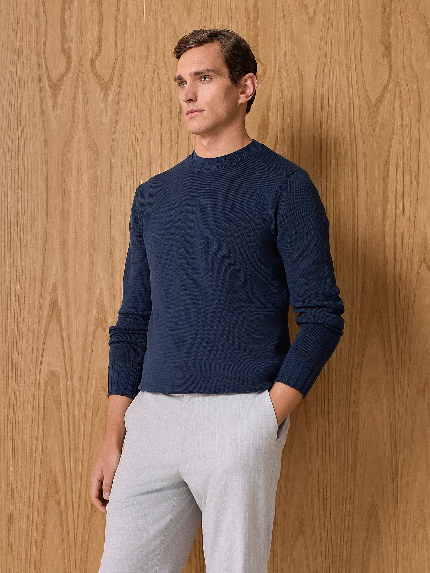 Navy washed cotton crew neck sweater