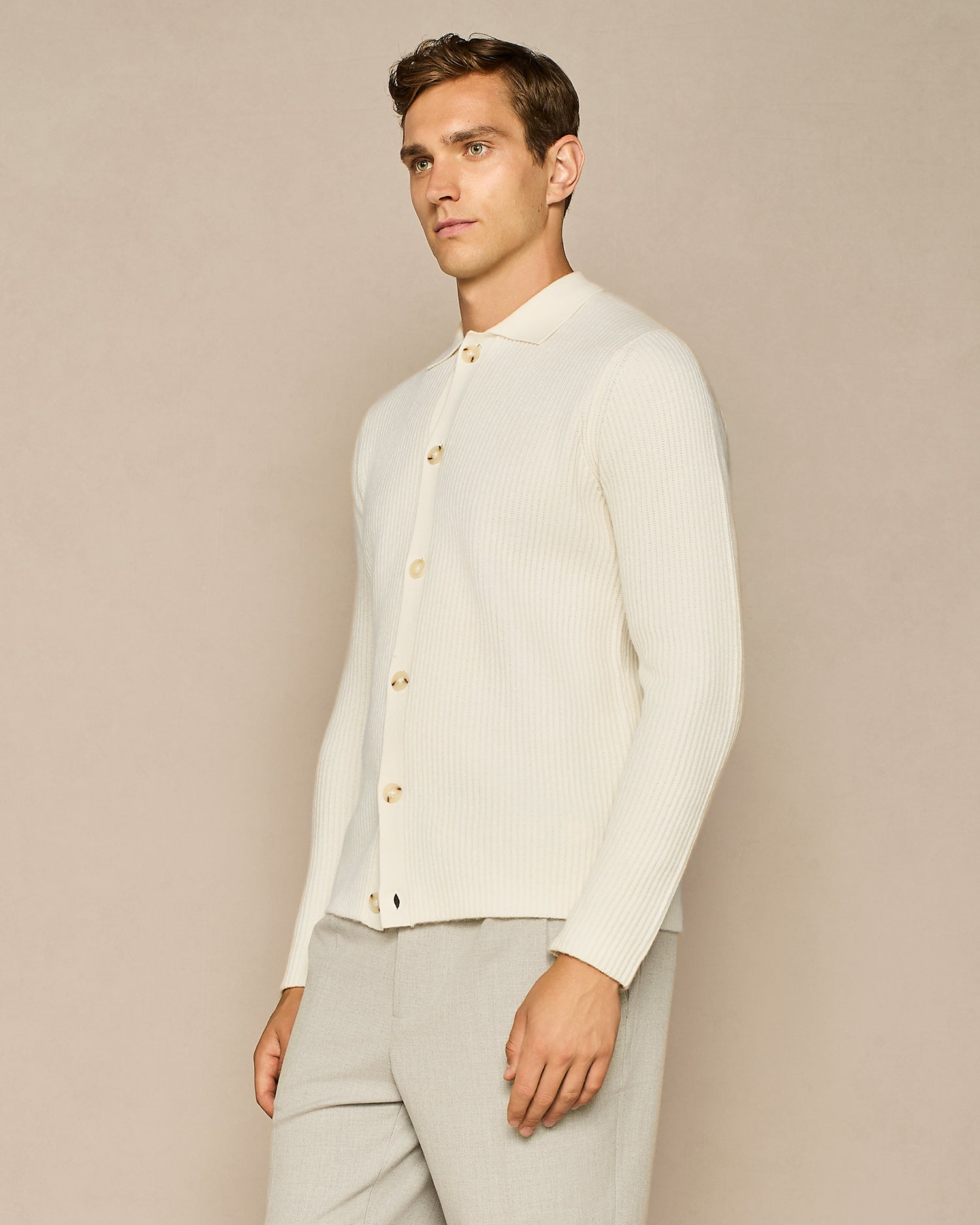 OFF WHITE WOOL BLEND FULL CARDIGAN STITCHING SHIRT