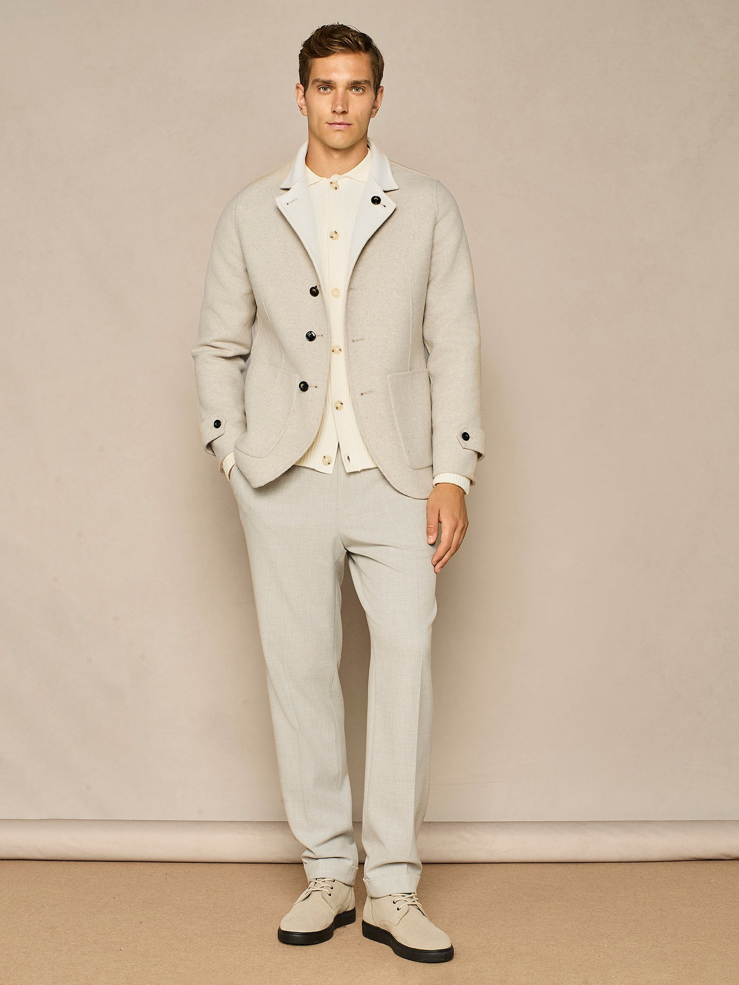 OFF WHITE WOOL BLEND FULL CARDIGAN STITCHING SHIRT