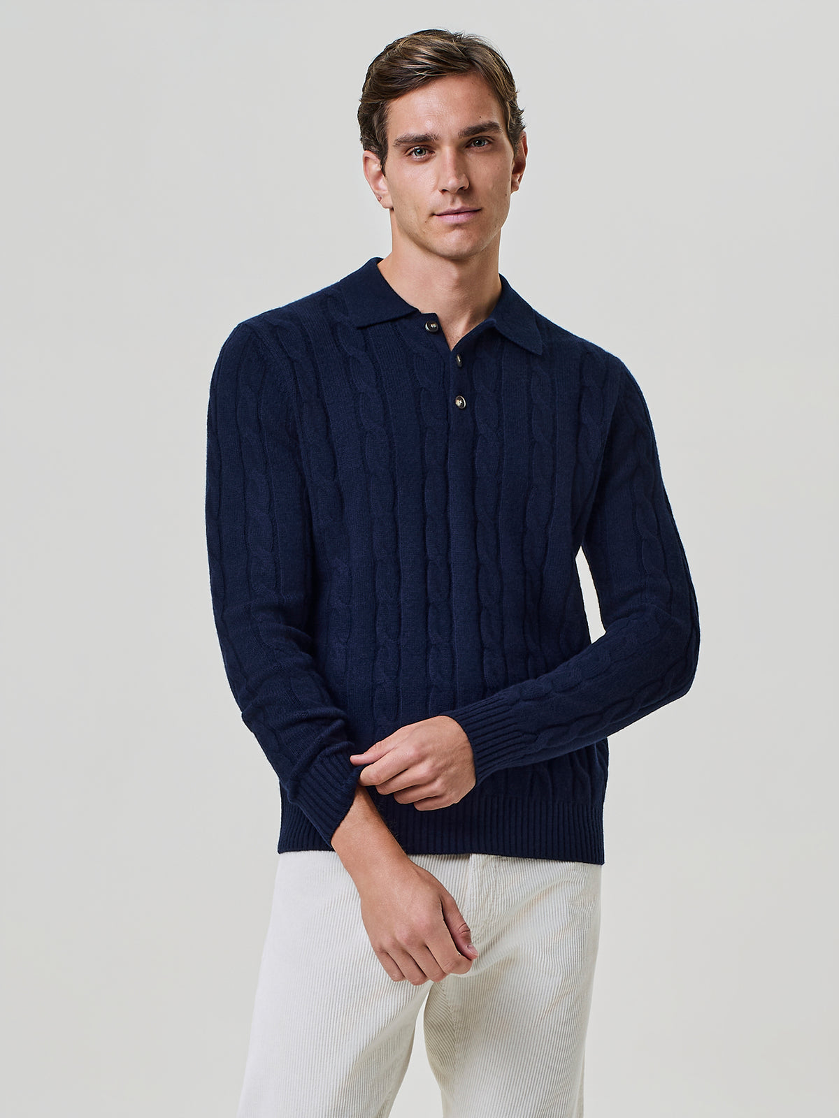 Polo in Maglia a Trecce in Misto Lana e Angora Blu