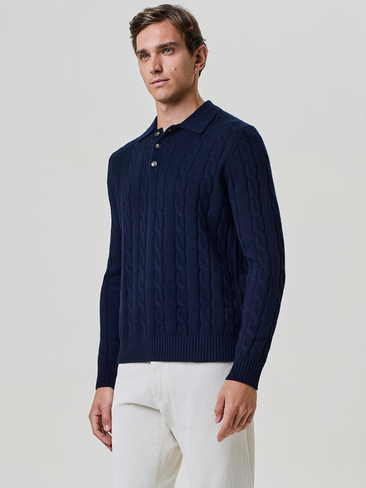 Polo in Maglia a Trecce in Misto Lana e Angora Blu