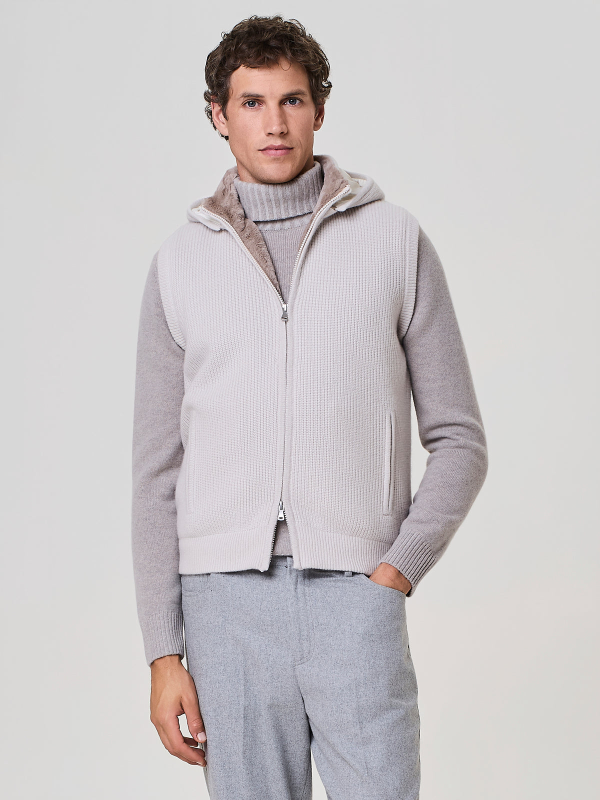 Smanicato da uomo colore burro con cappuccio in misto lana e angora, Paul Taylor