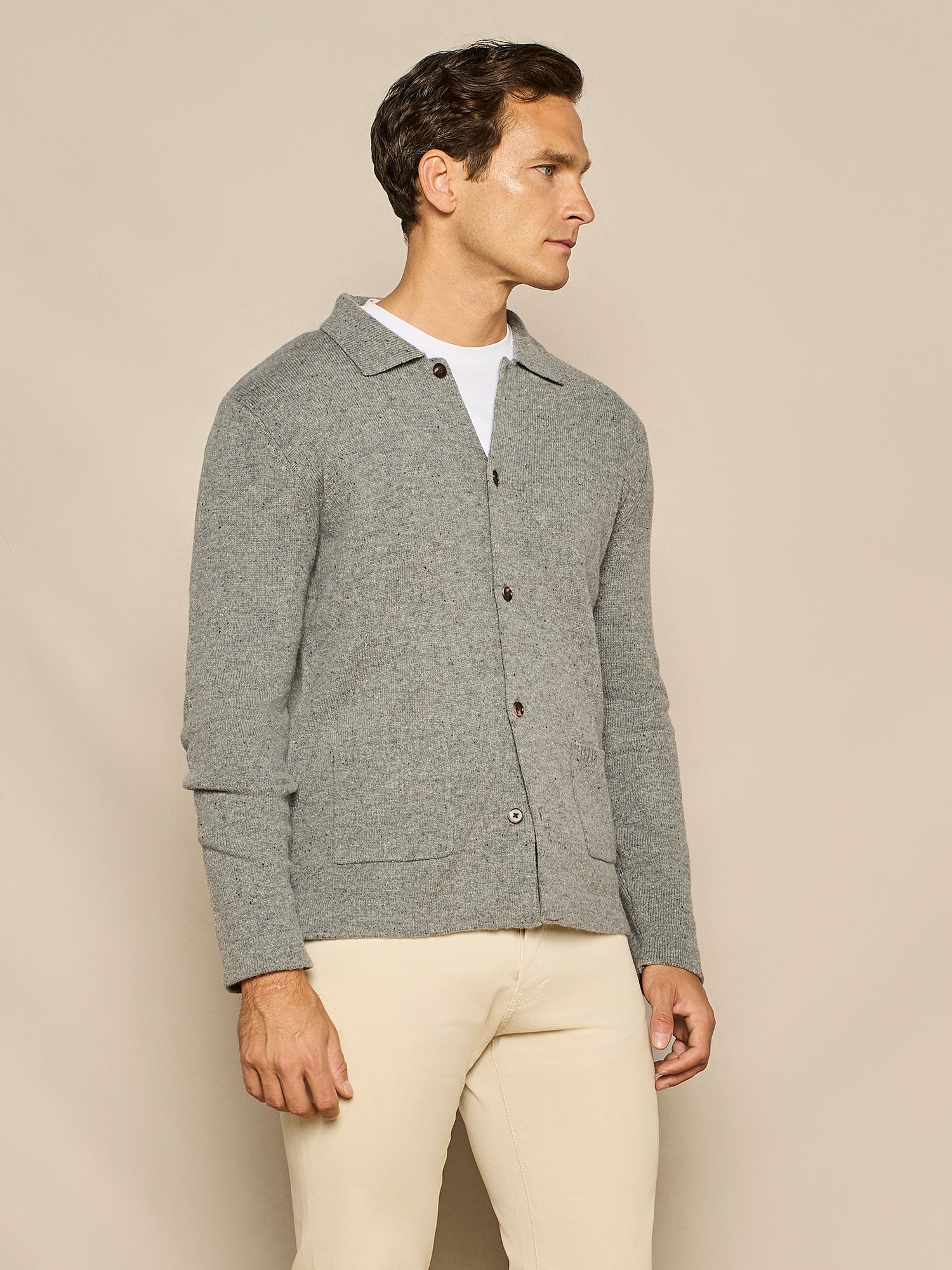GREY MELANGE BUTTONED MERINO WOOL SHIRT