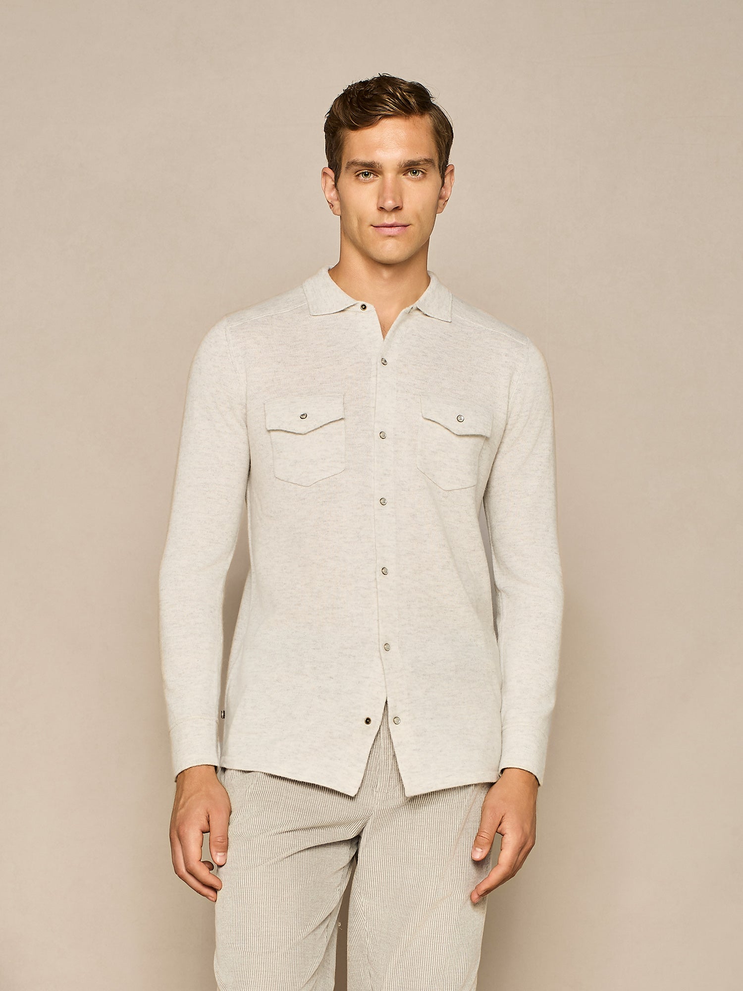 LIGHT GREY MELANGE KNITTED TEXAN SHIRT IN WOOL BLEND YARN