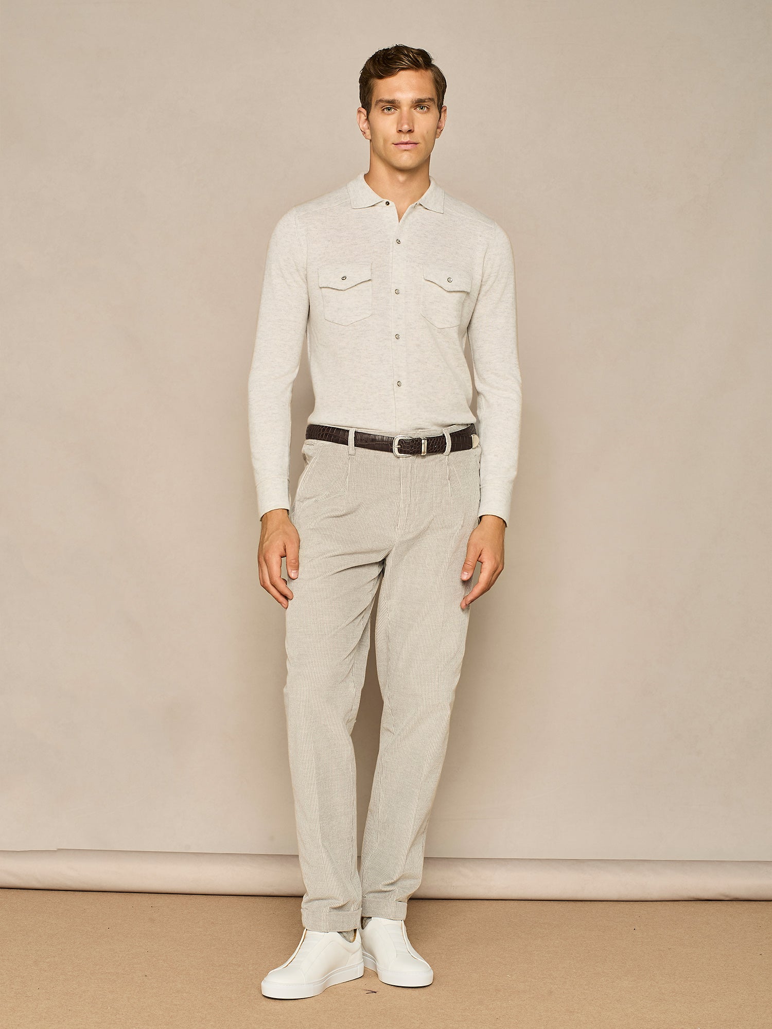 LIGHT GREY MELANGE KNITTED TEXAN SHIRT IN WOOL BLEND YARN