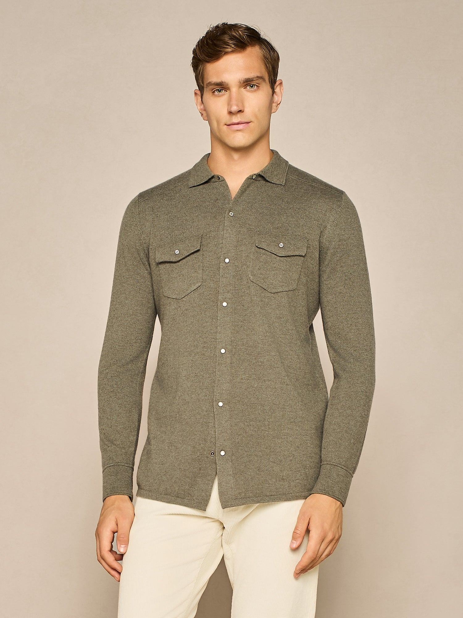 OLIVE GREEN KNITTED TEXAN SHIRT IN WOOL BLEND YARN