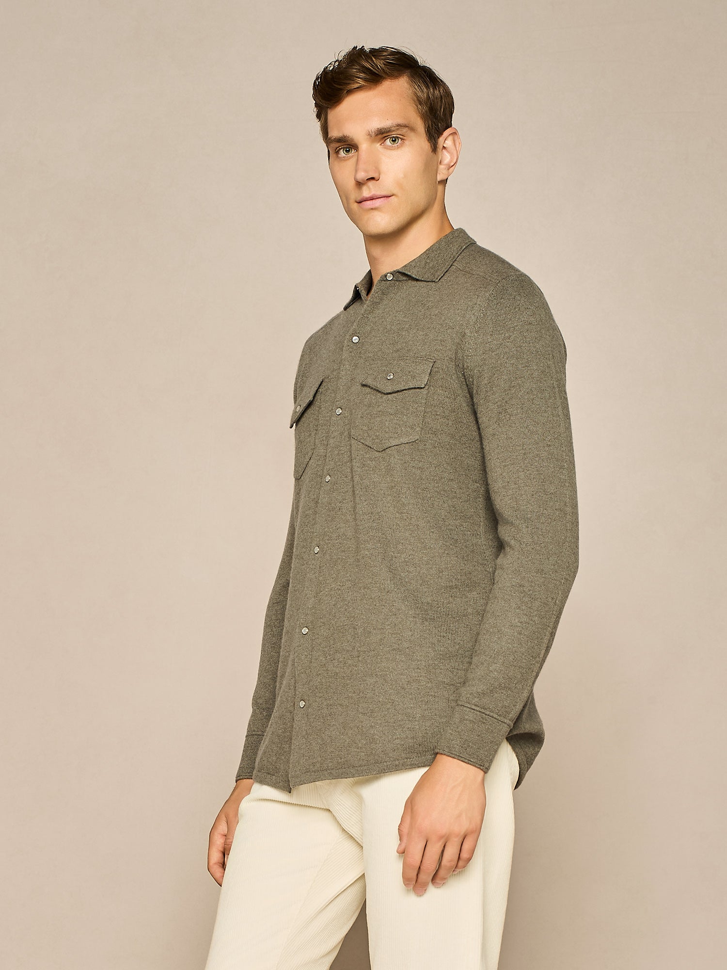 OLIVE GREEN KNITTED TEXAN SHIRT IN WOOL BLEND YARN