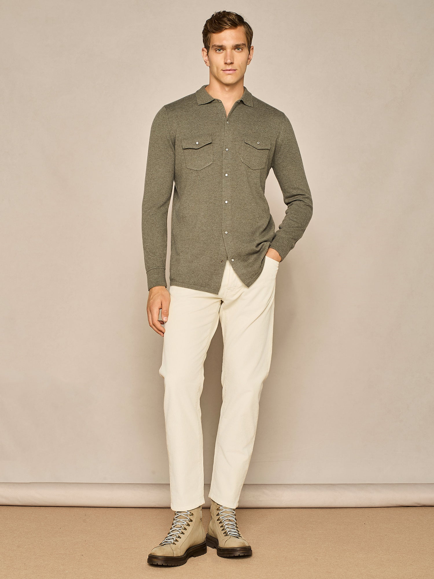 OLIVE GREEN KNITTED TEXAN SHIRT IN WOOL BLEND YARN