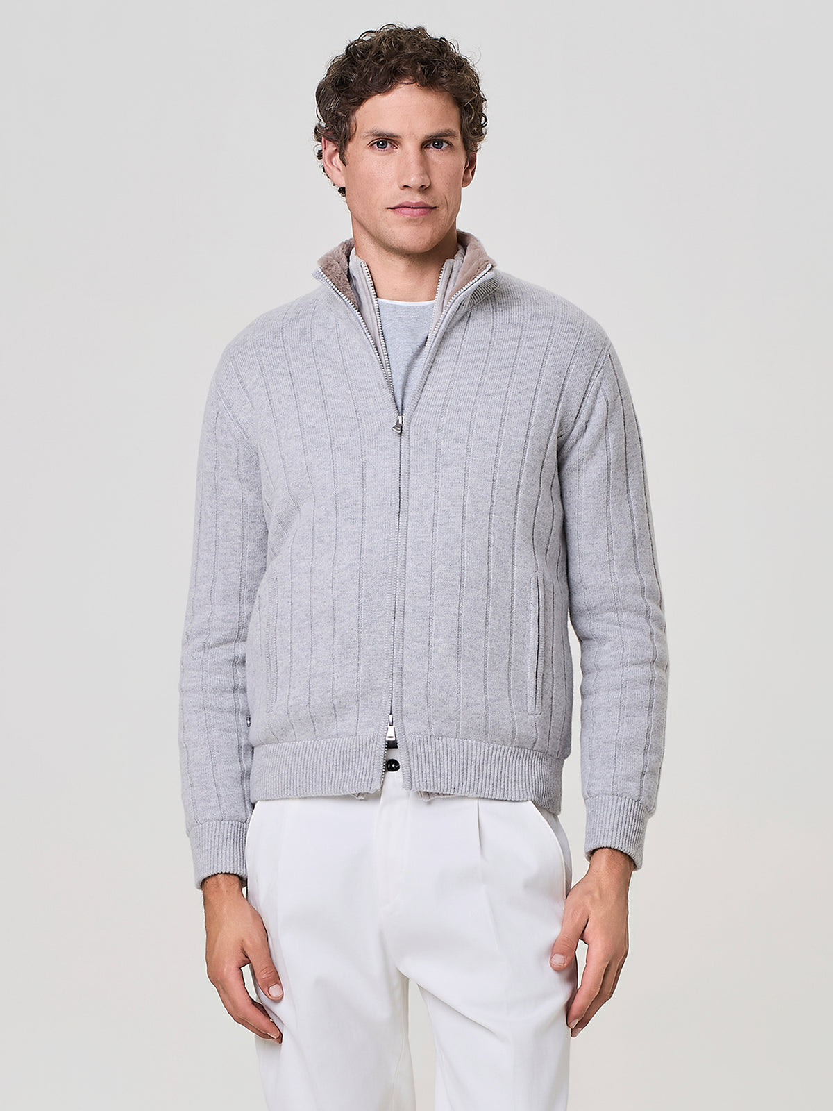 Light grey melange flat rib full zip