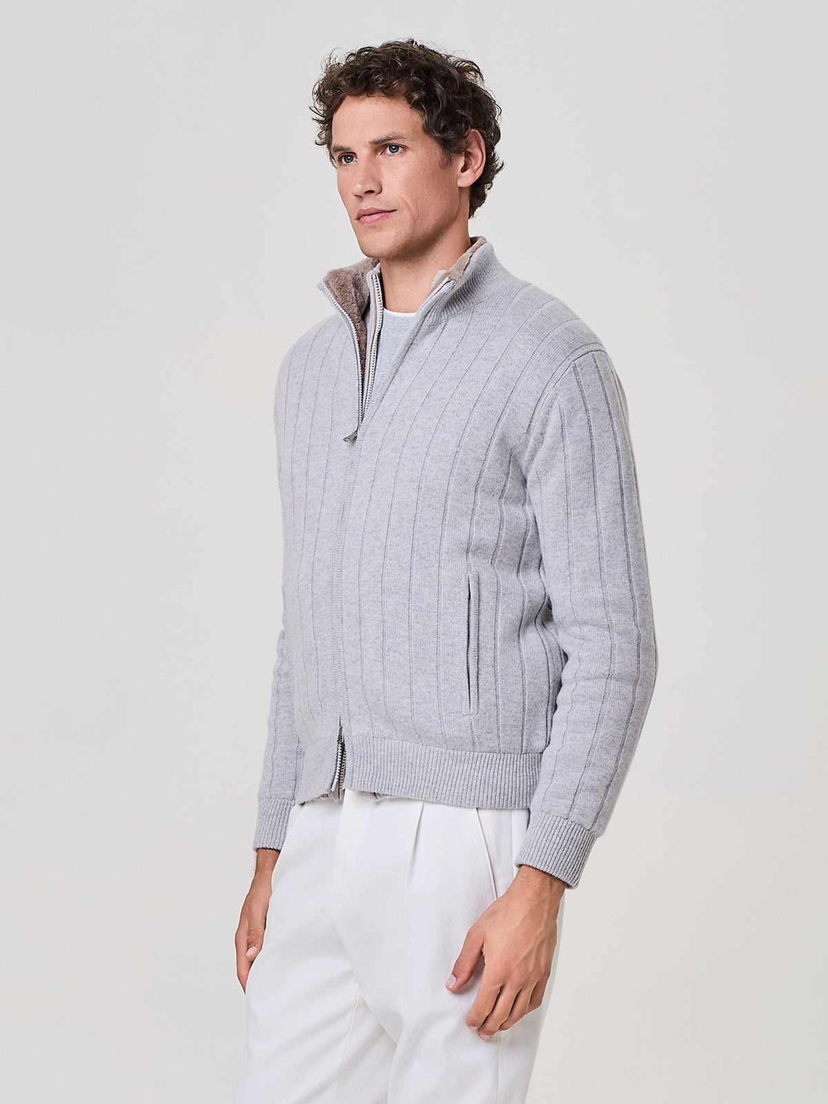 Light grey melange flat rib full zip