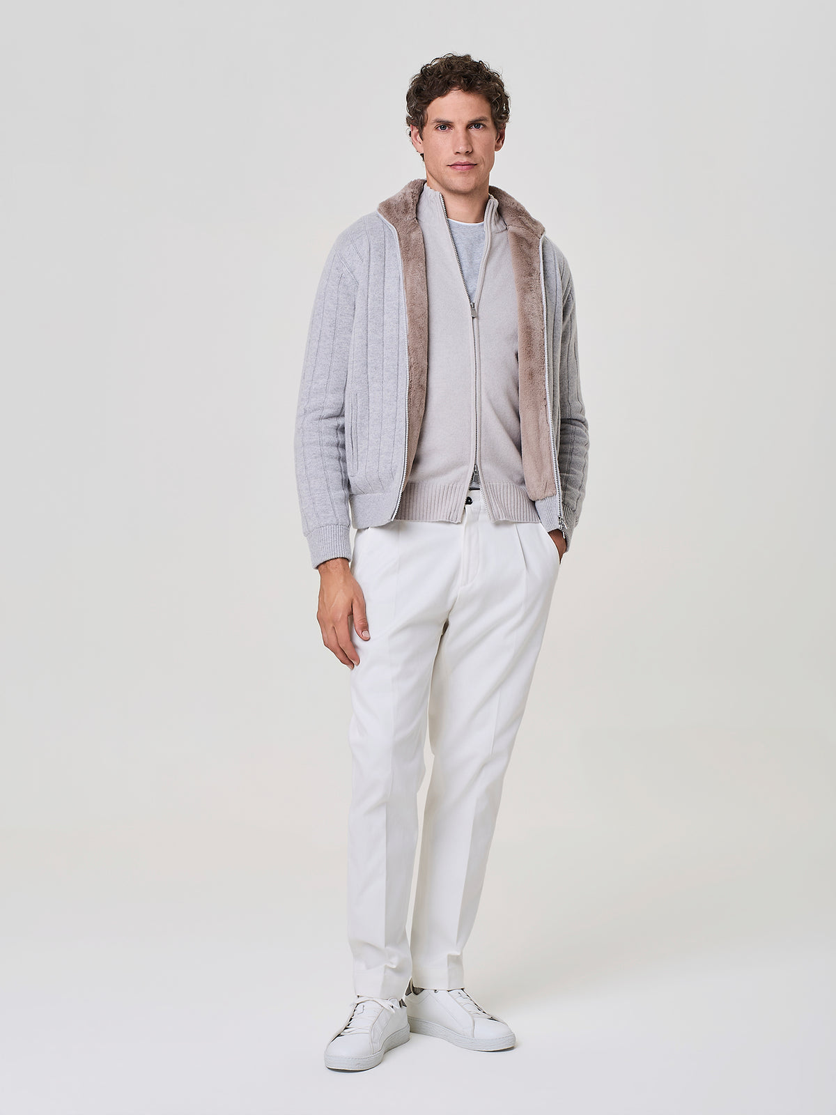 Light grey melange flat rib full zip