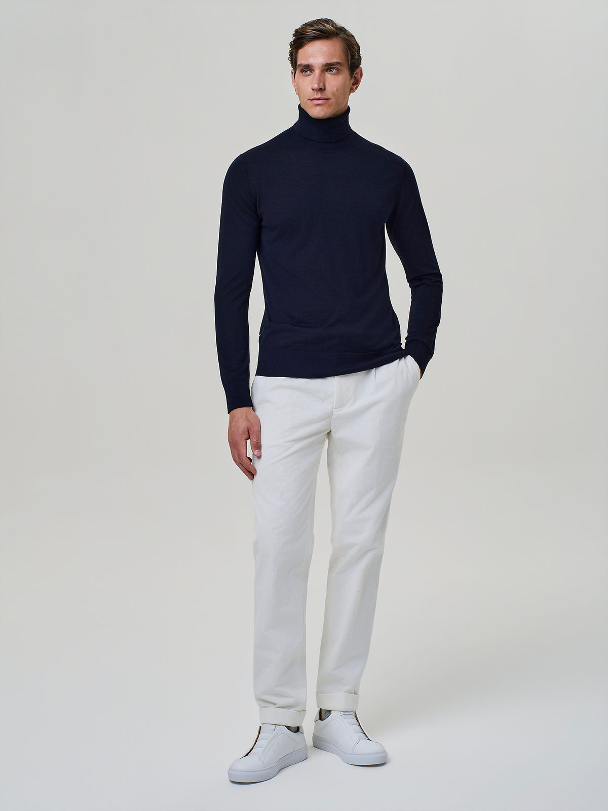 Blue silk and cashmere blend knit turtleneck