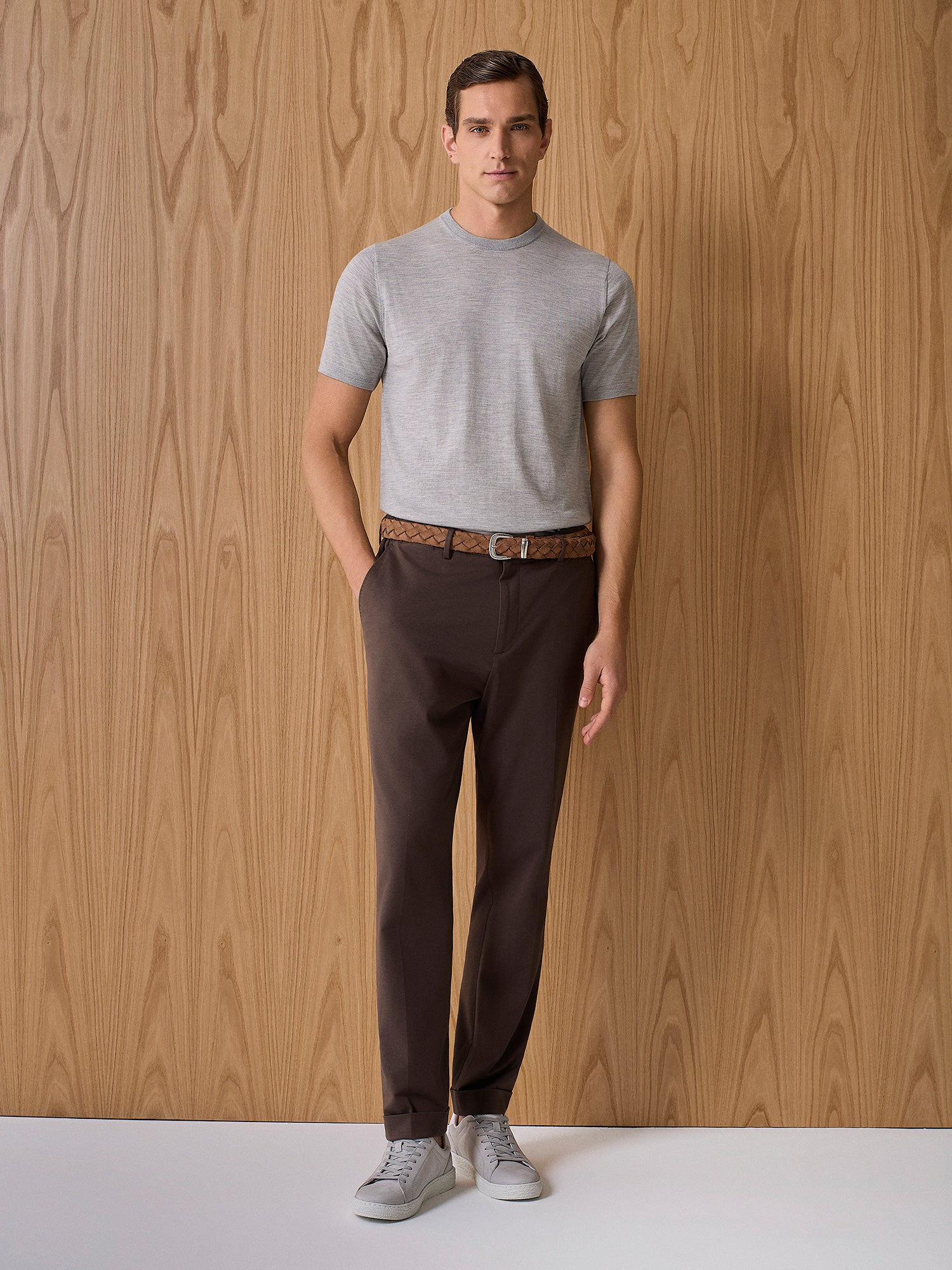 T-shirt in maglia misto seta e cashmere grigio