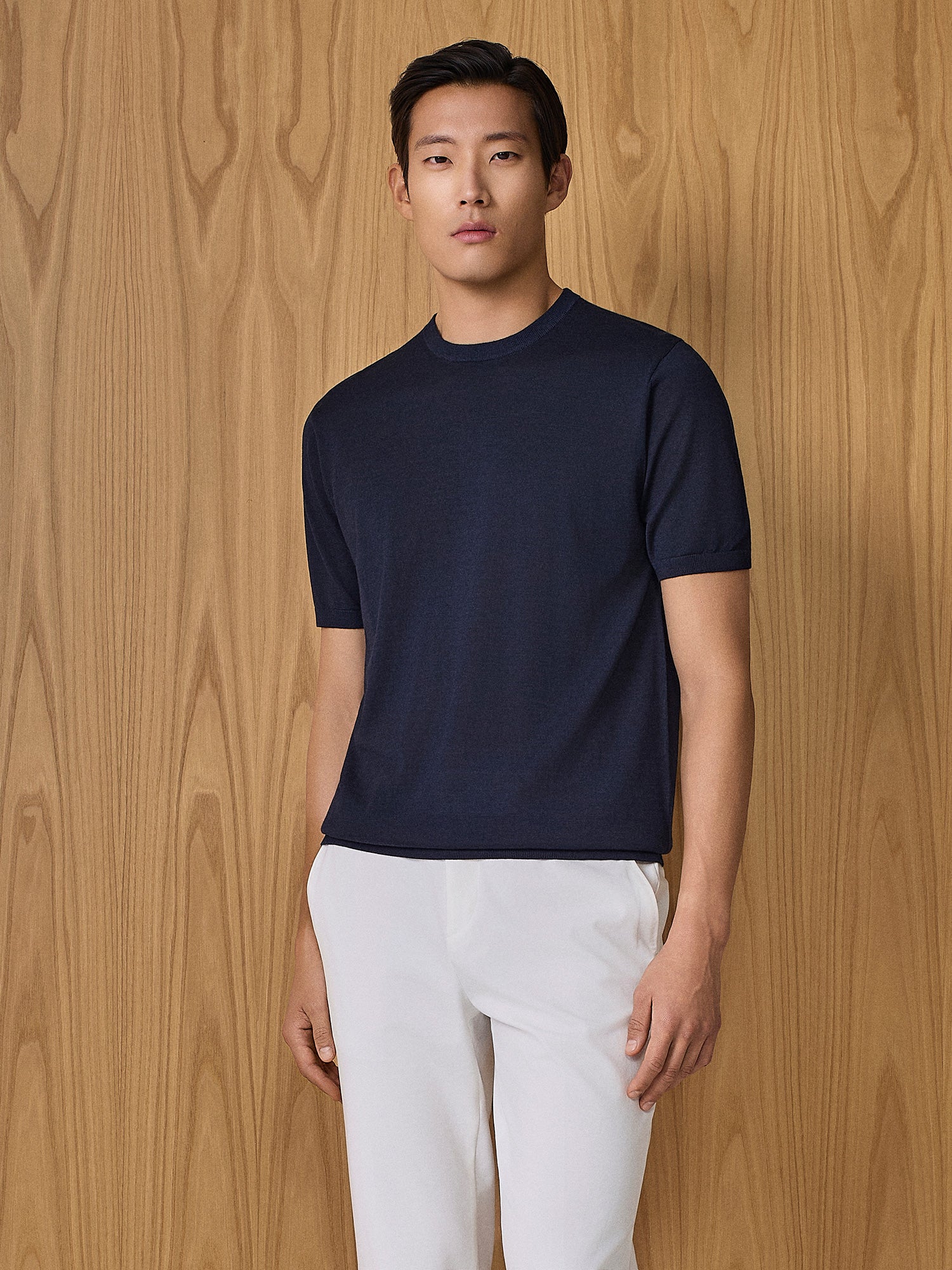 T-shirt in maglia misto seta e cashmere blu