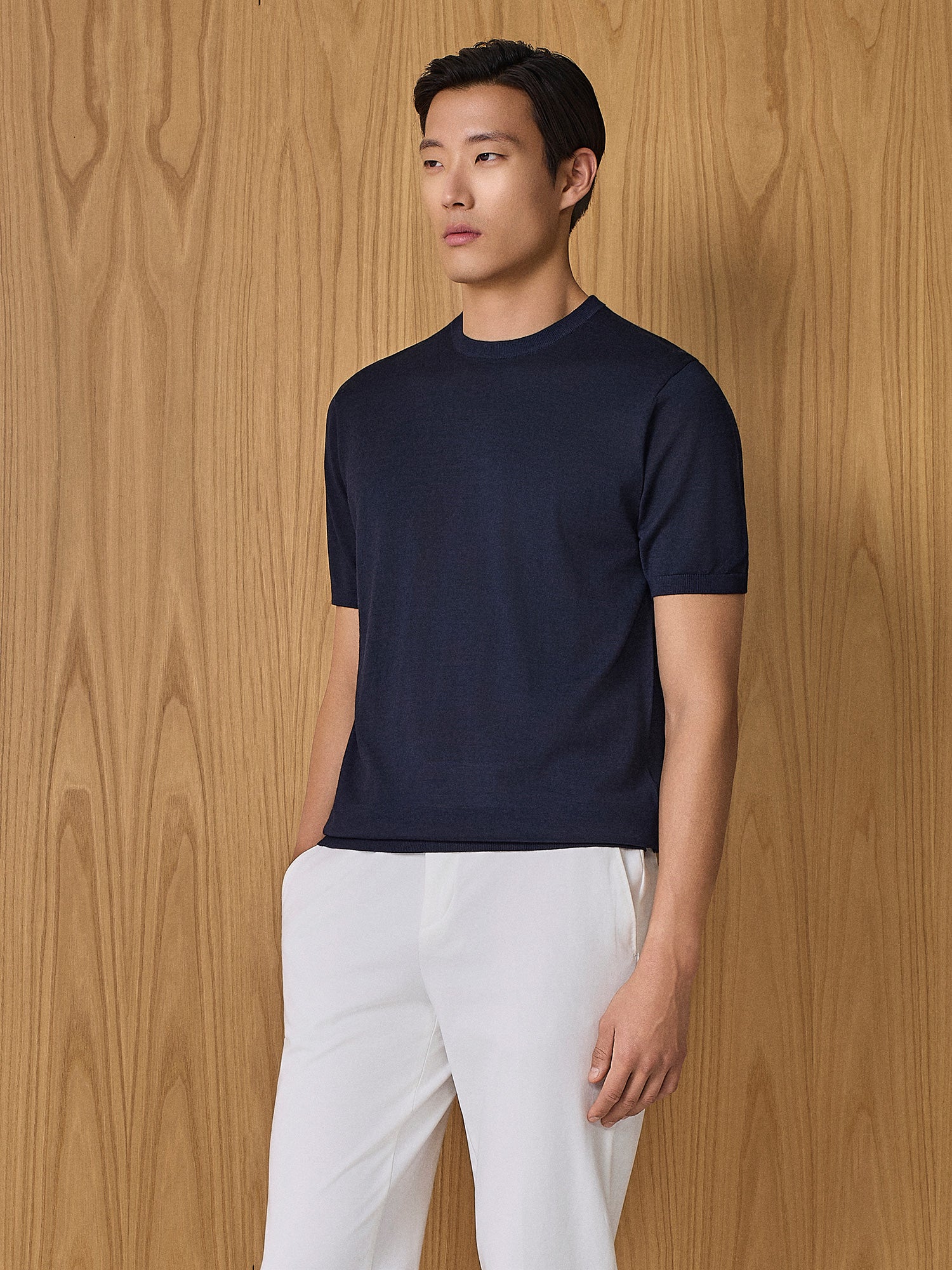 T-shirt in maglia misto seta e cashmere blu