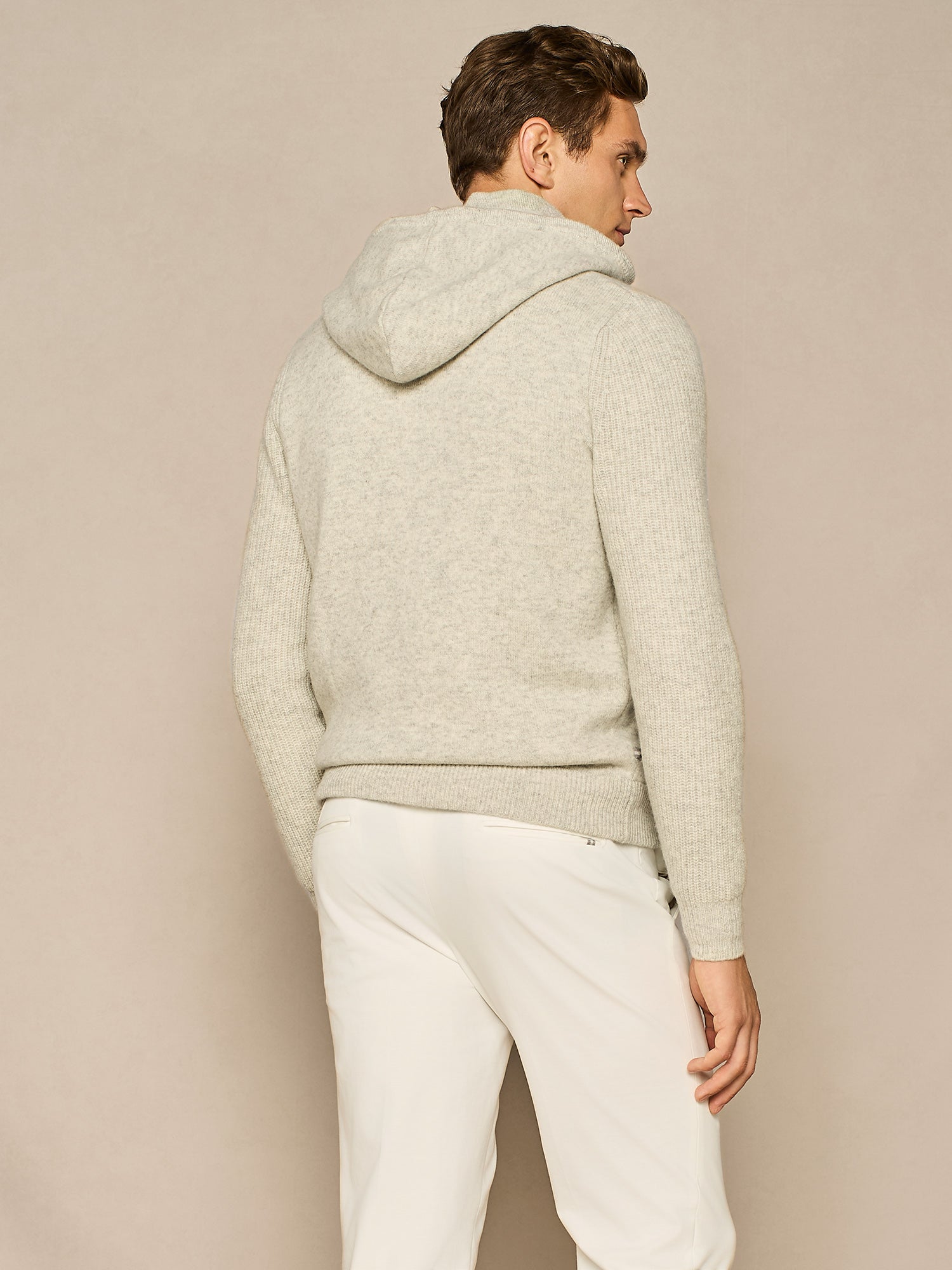 LIGHT GREY MELANGE ZIPPED SWEATER WITH DETATCHABLE HOOD 
