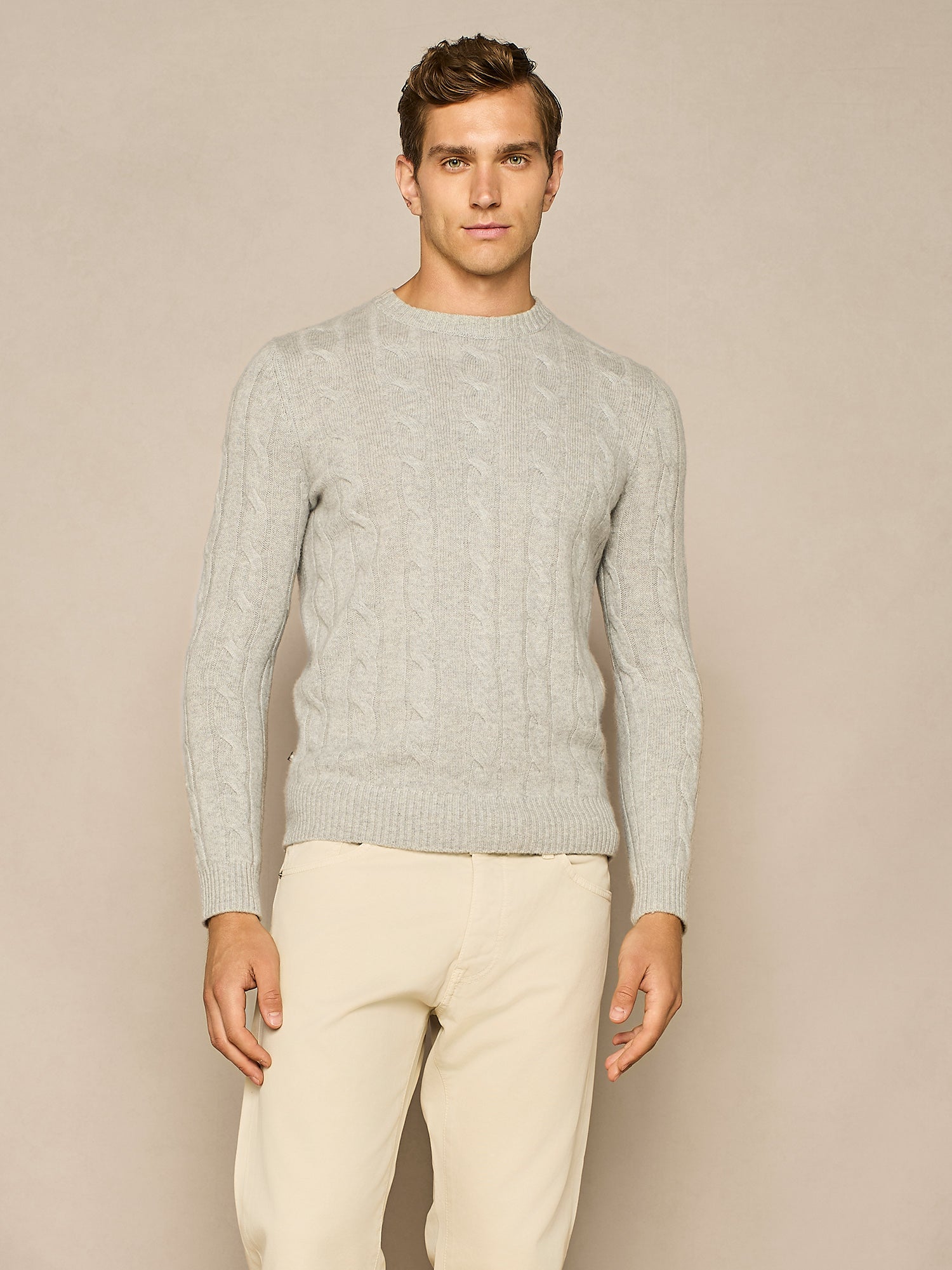 LIGHT GREY MELANGE CABLE SWEATER