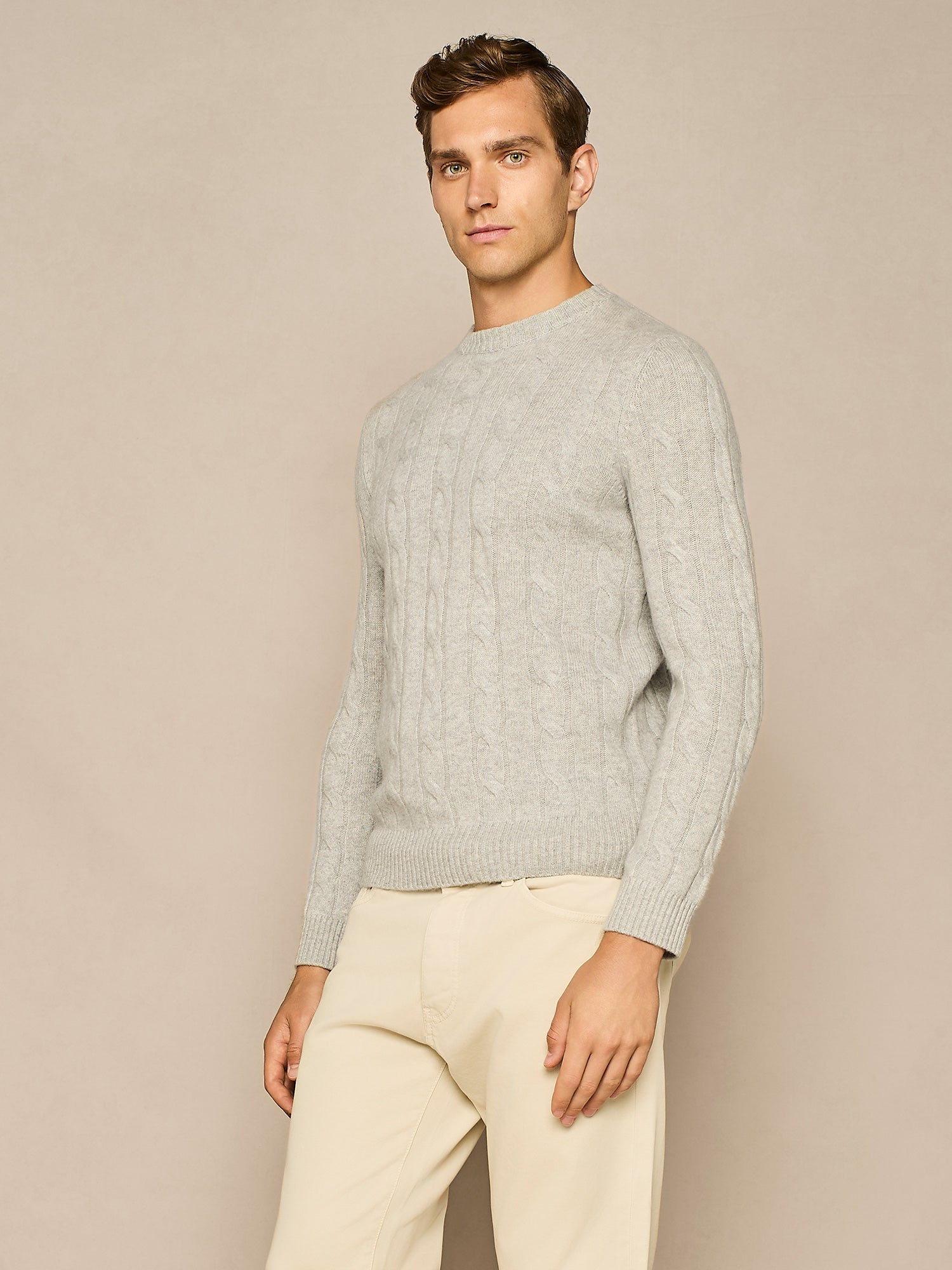 LIGHT GREY MELANGE CABLE SWEATER