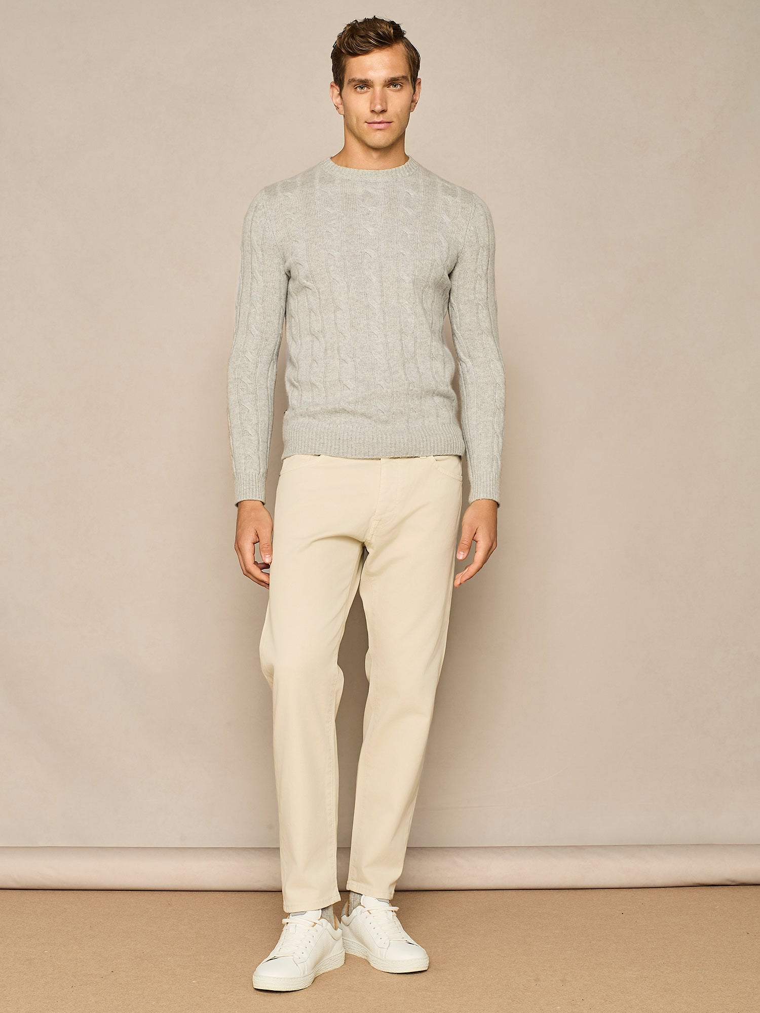 LIGHT GREY MELANGE CABLE SWEATER