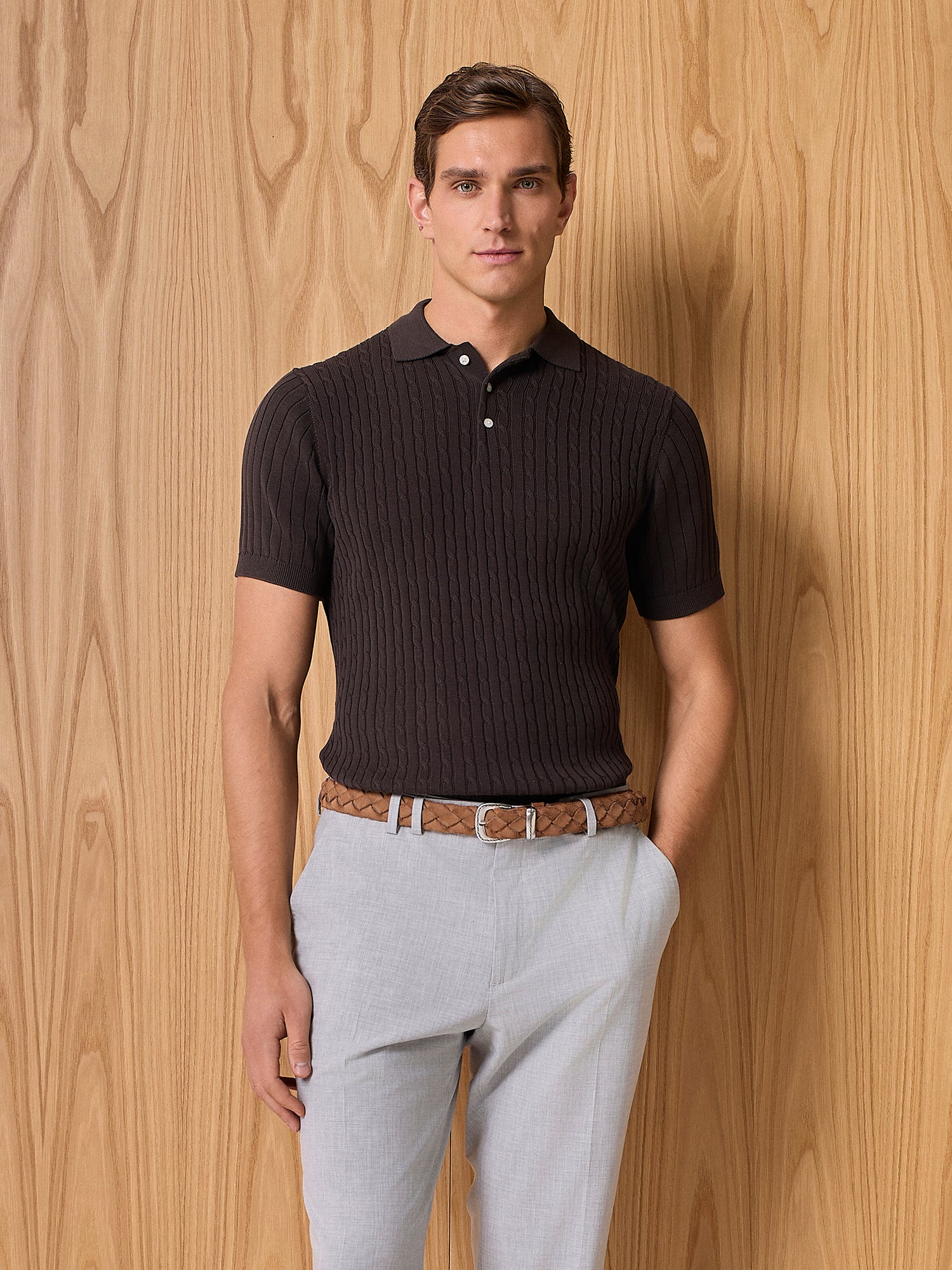 Dark brown cable knitted polo