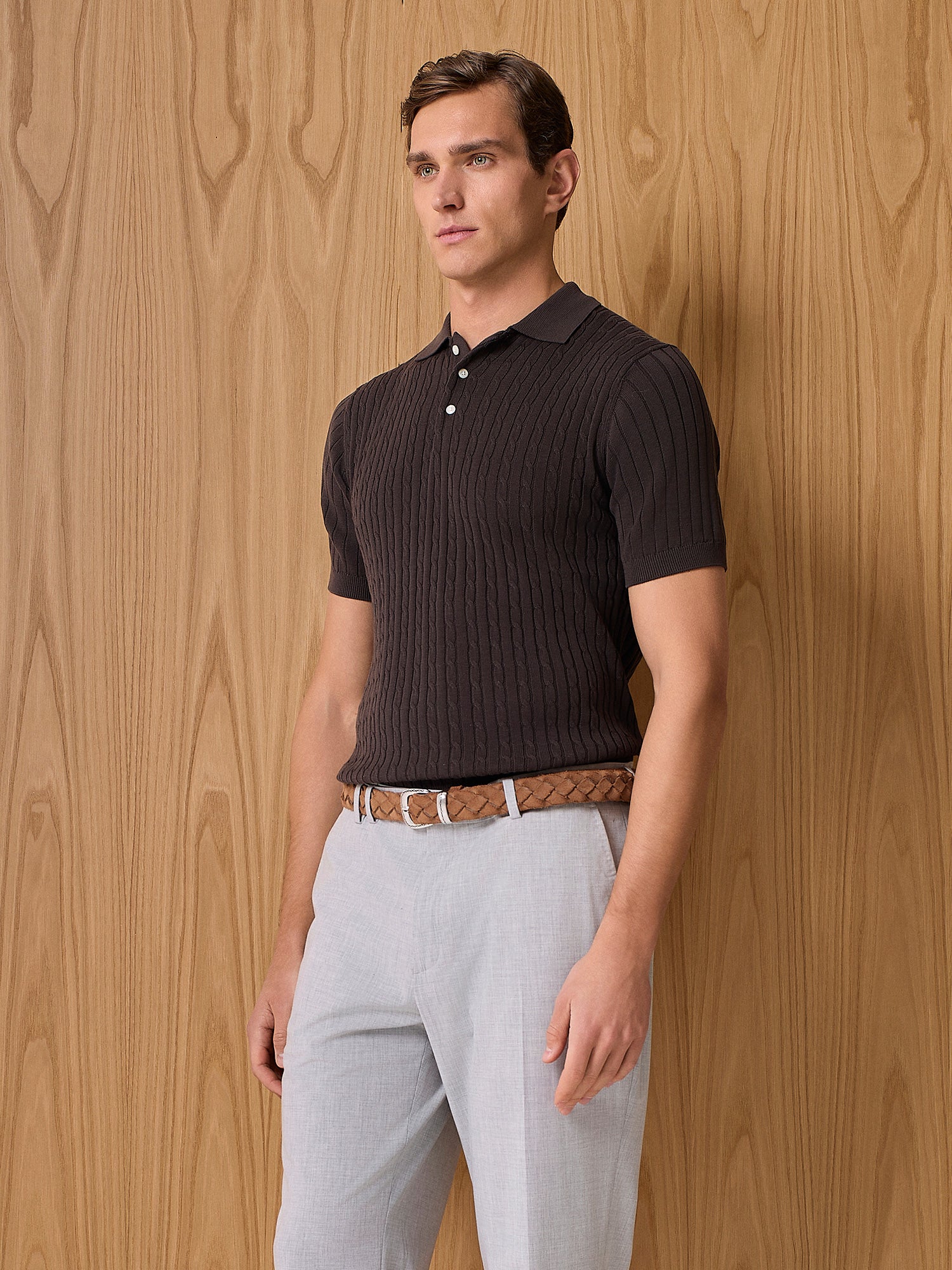 Dark brown cable knitted polo