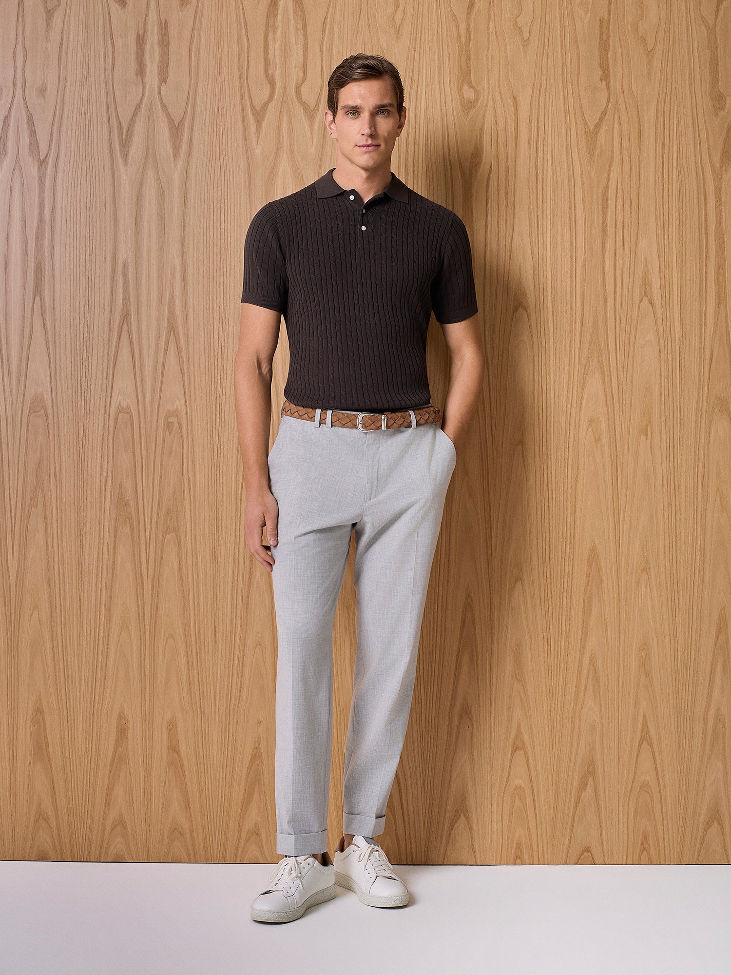 Dark brown cable knitted polo