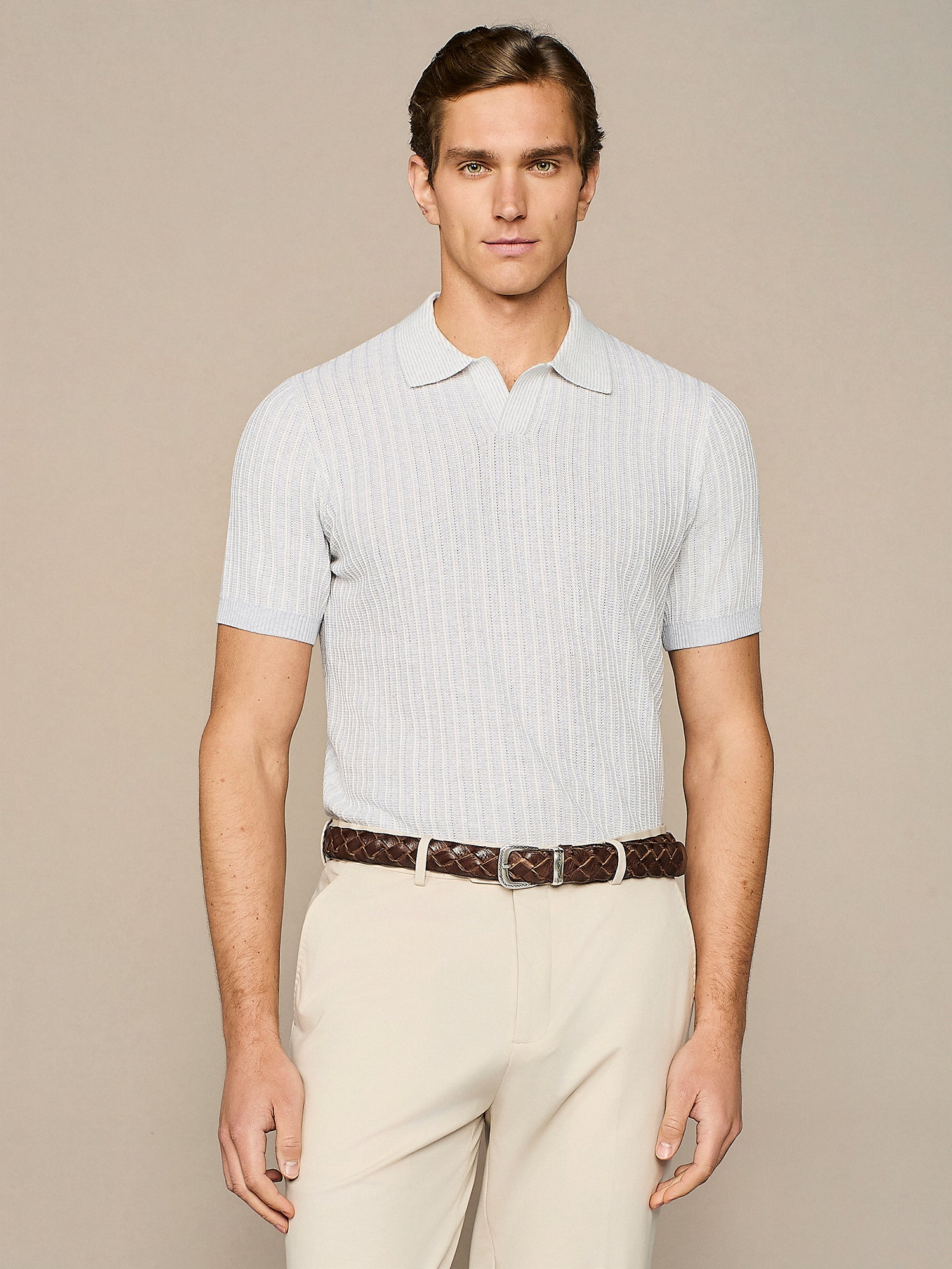 LIGHT GREY MELANGE KNITTED STITCHING POLO